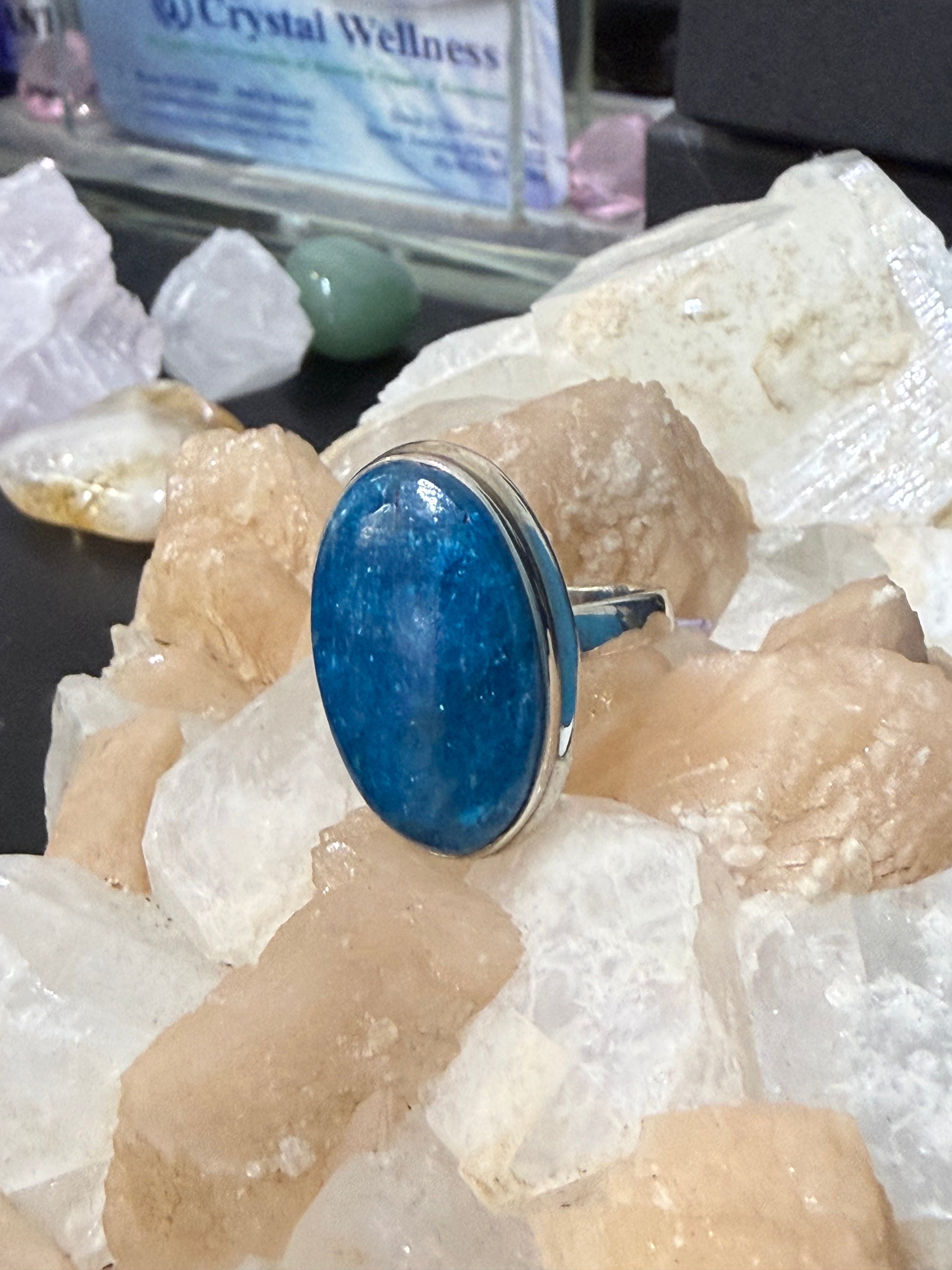 Neon Blue Apatite Ring, size 10  – Inspiration, Clarity & Manifestation Crystal Wellness