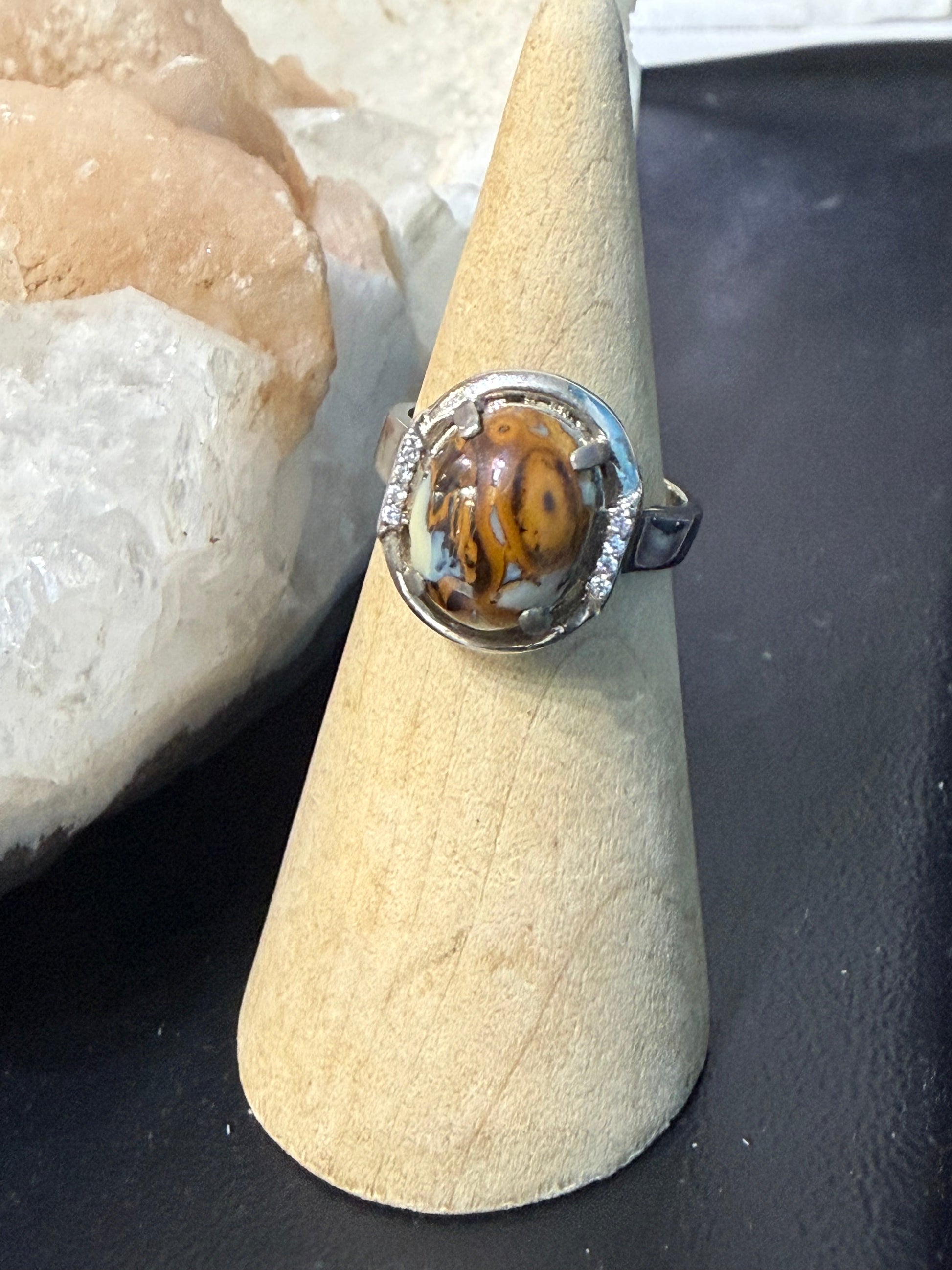 Boulder Opal with Zircon Ring Crystal Wellness