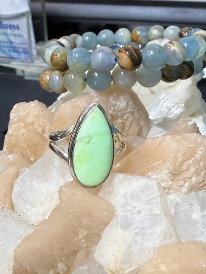 Lemon Chrysoprase Ring
A gentle ray of renewal, hope, and heart-healing energy. Size 8 Crystal Wellness