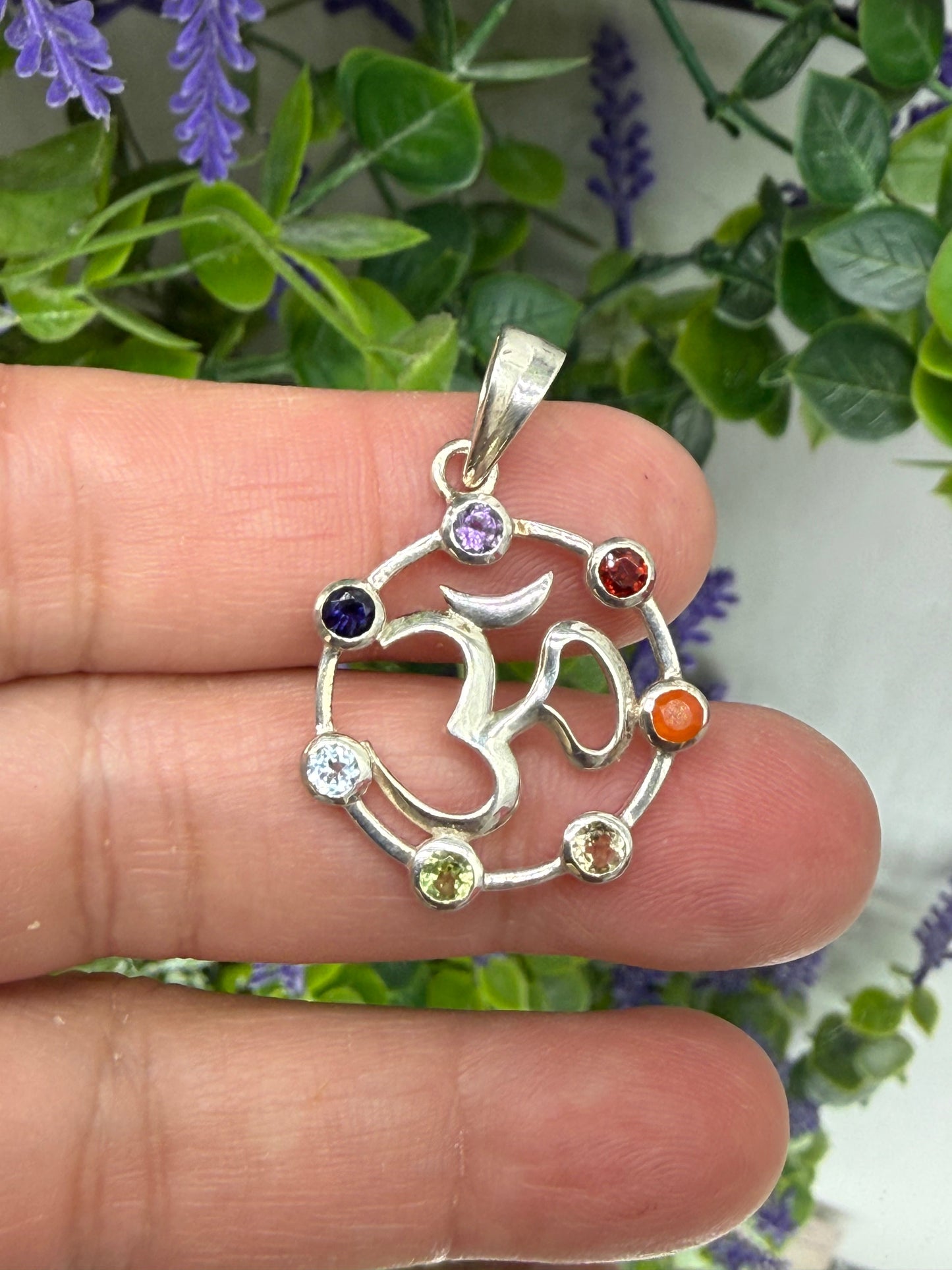 Om (ॐ) Sterling Silver Pendant with the chakra  — Sacred Sound & Inner Peace, 20mmx20mm Crystal Wellness