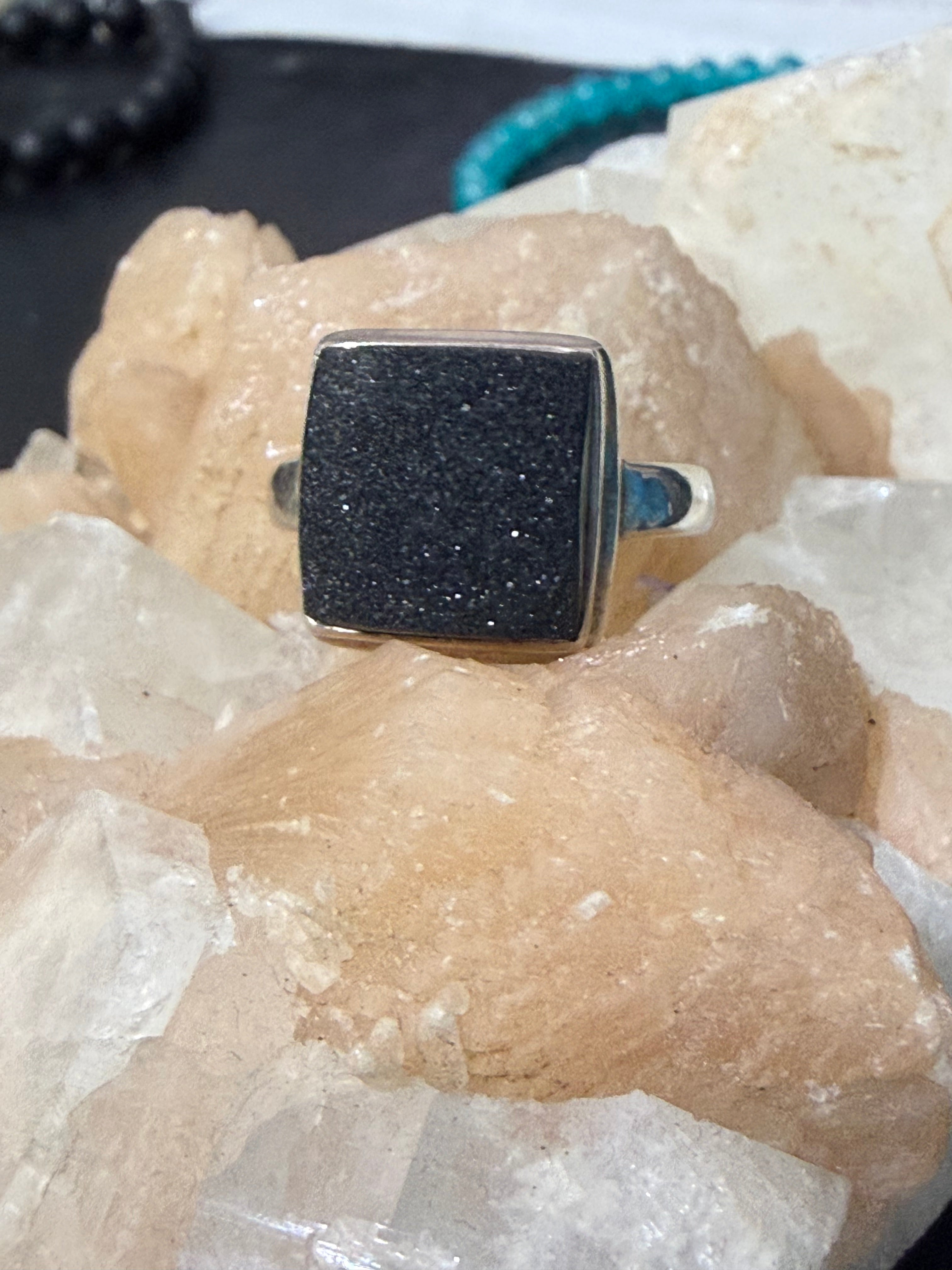 Black Onyx Druzy Ring, size 9  — Stone of Protection, Strength & Inner Radiance Crystal Wellness