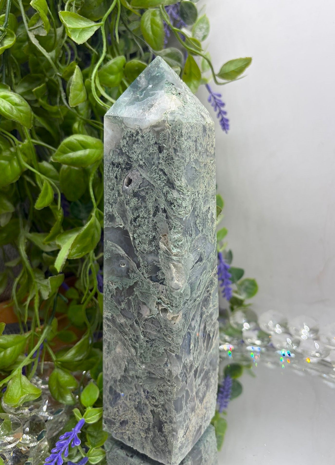 Moss Agate Tower – Growth, New Beginnings & Earth Energy Crystal Point Crystal Wellness