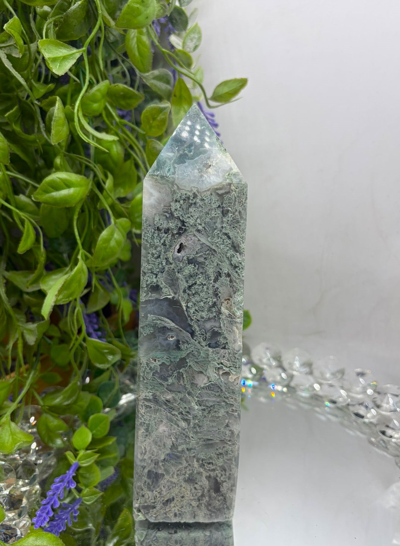 Moss Agate Tower – Growth, New Beginnings & Earth Energy Crystal Point Crystal Wellness