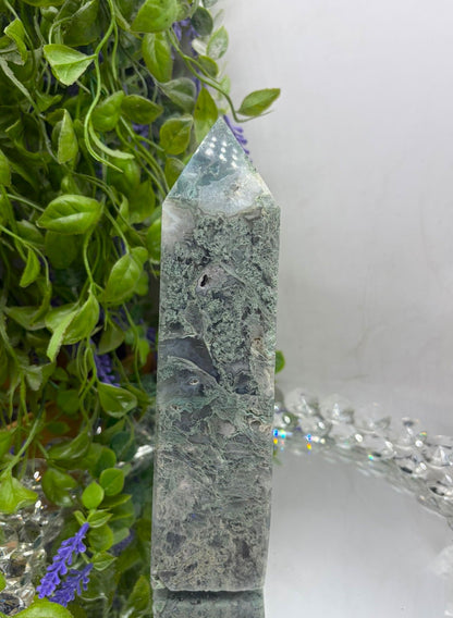 Moss Agate Tower – Growth, New Beginnings & Earth Energy Crystal Point Crystal Wellness