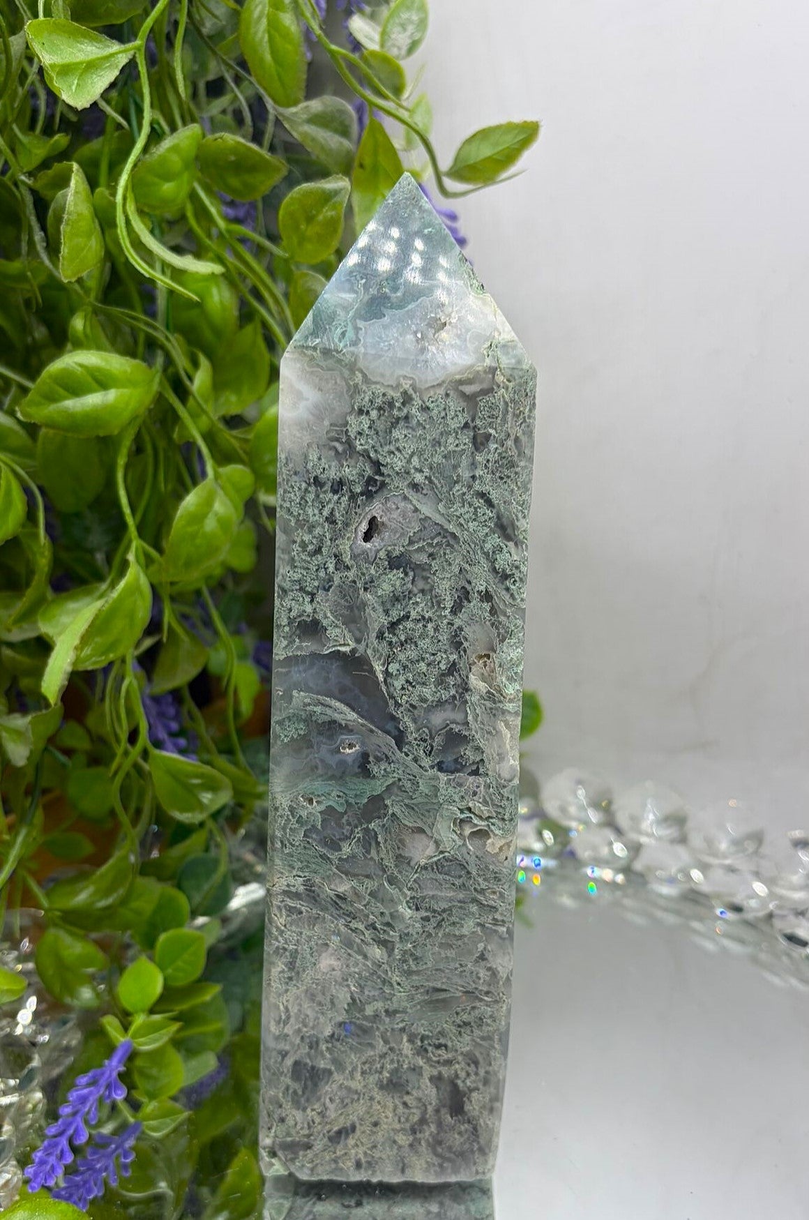 Moss Agate Tower – Growth, New Beginnings & Earth Energy Crystal Point Crystal Wellness