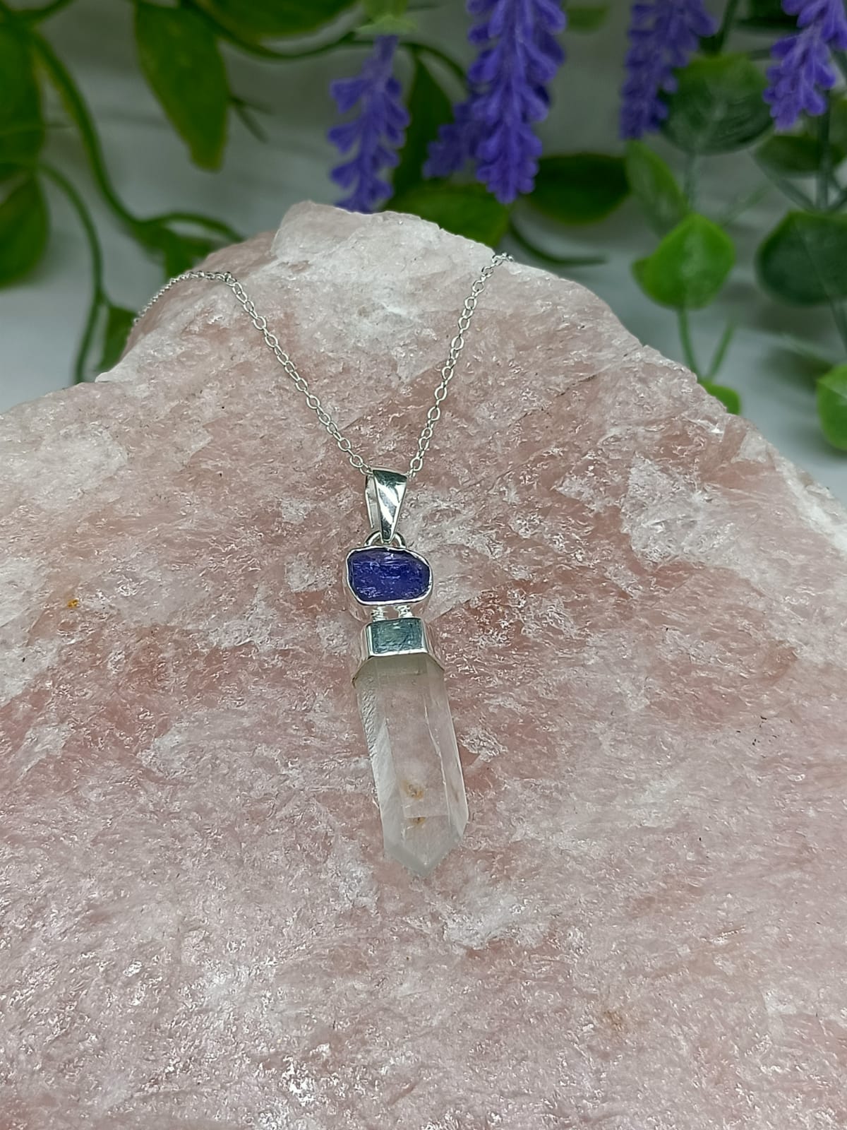 Lemurian and Tanzanite in 925 Sterling Silver Pendant 34x9mm (Chain Included)

