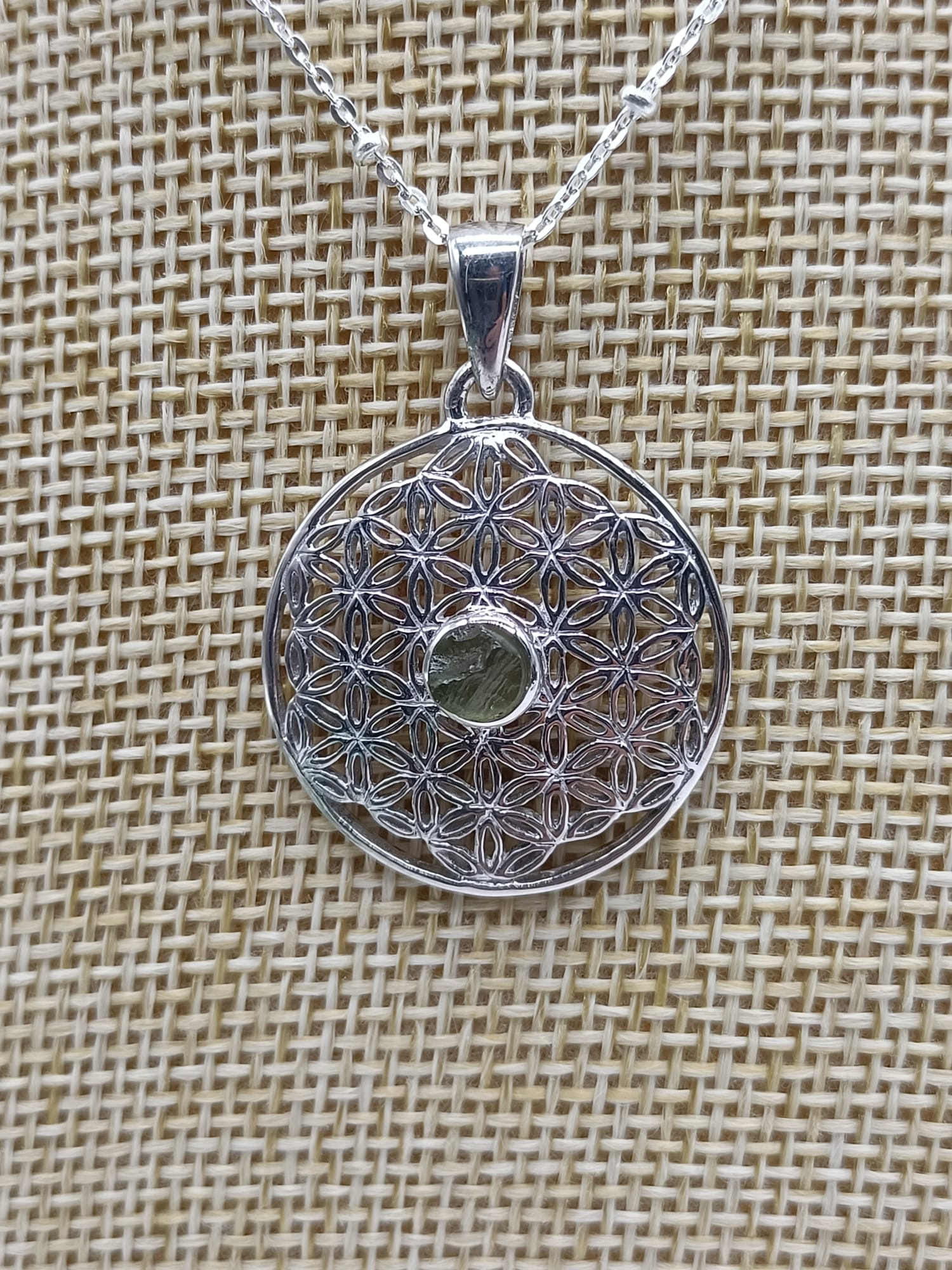 Authentic Moldavite Raw Flower Of Life Rhodium Plated Pendant Crystal Wellness