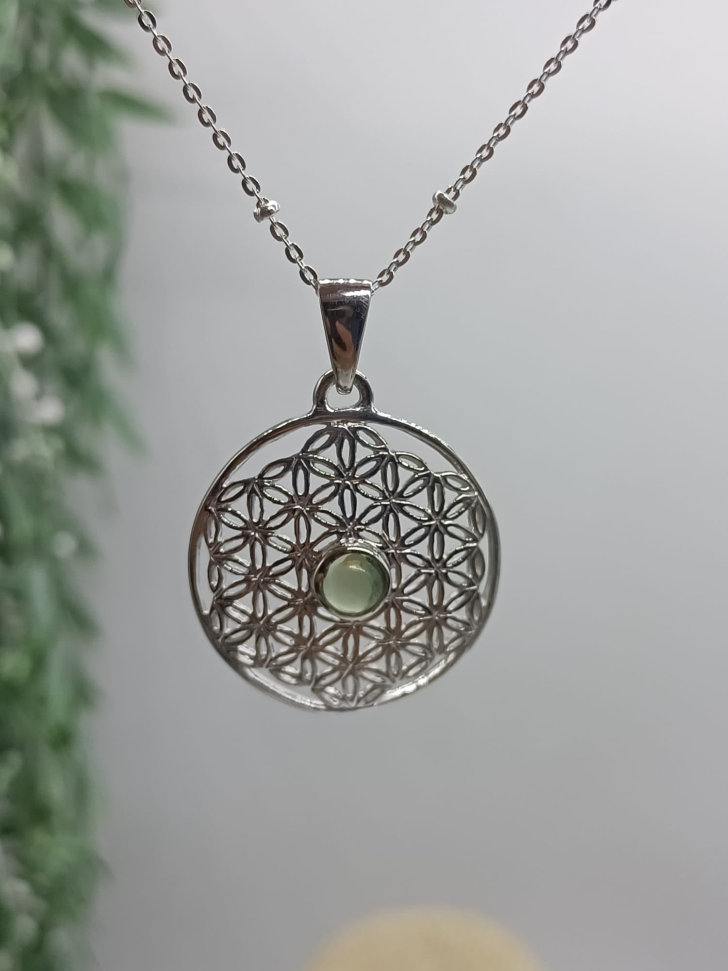 Authentic Moldavite Cab Polished Flower Of Life Rhodium Plated Pendant Crystal Wellness