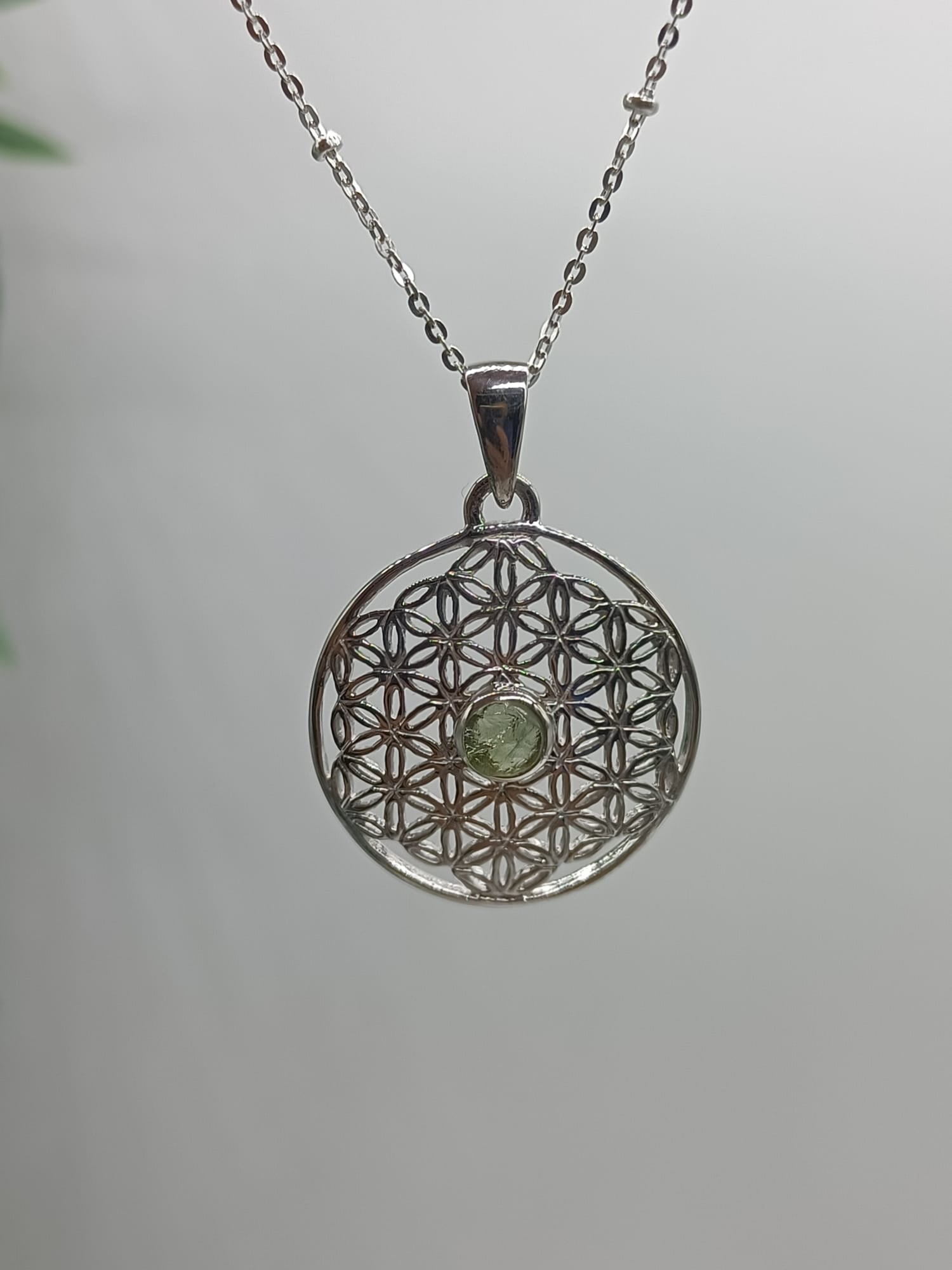 Authentic Moldavite Raw Flower Of Life Rhodium Plated Pendant Crystal Wellness