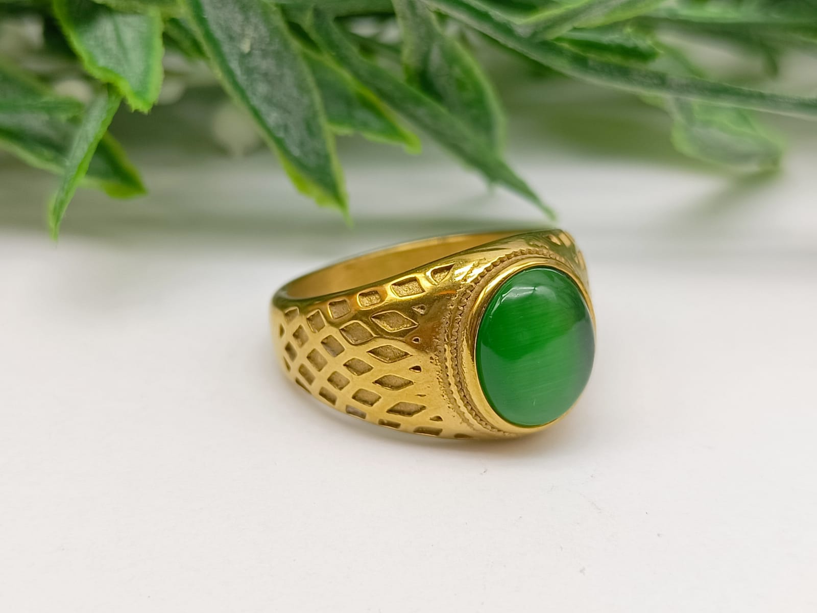 Green Cat's Eye Titanium Gold Plated Ring Size 9 US Crystal Wellness
