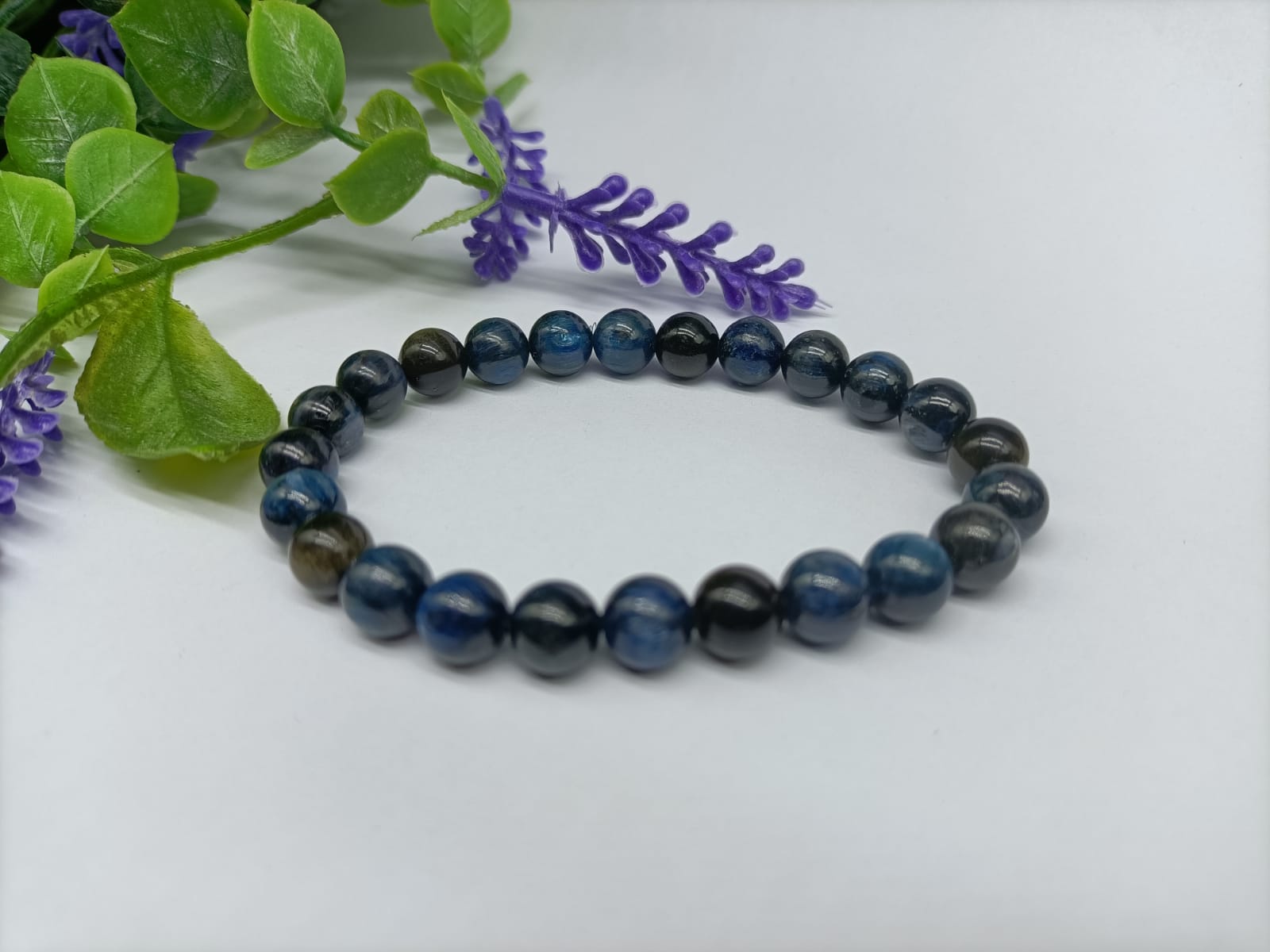 Blue Kyanite with Gold Sheen Obsidian Beads Bracelet 8mm Crystal Wellness