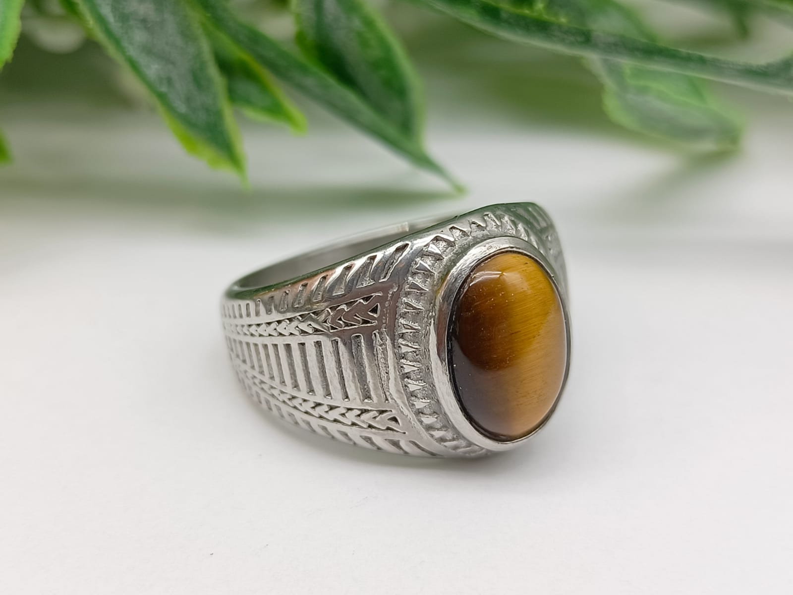 Gold Tiger Eye Titanium Ring Size 9 US Crystal Wellness