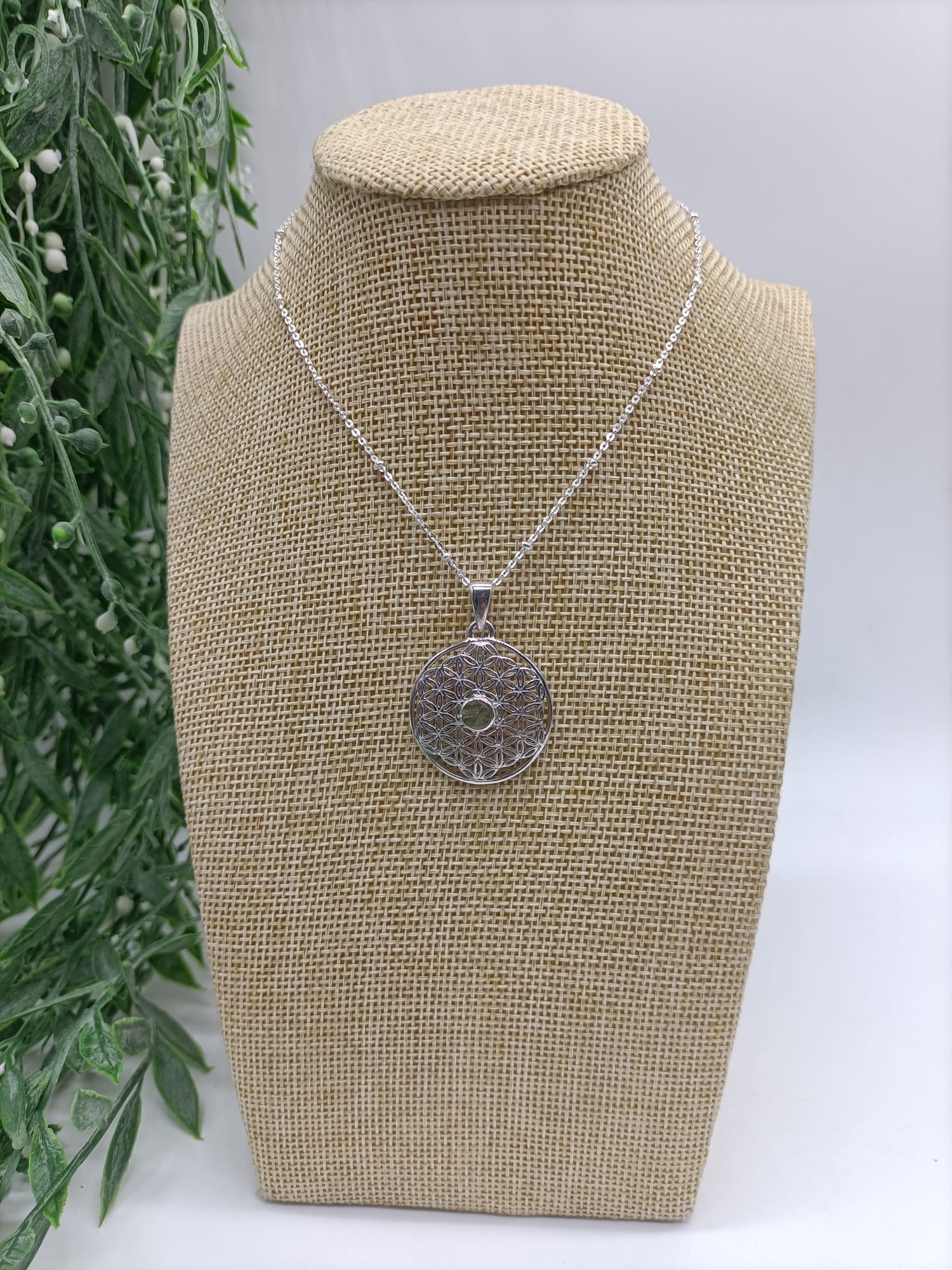 Authentic Moldavite Raw Flower Of Life Rhodium Plated Pendant Crystal Wellness