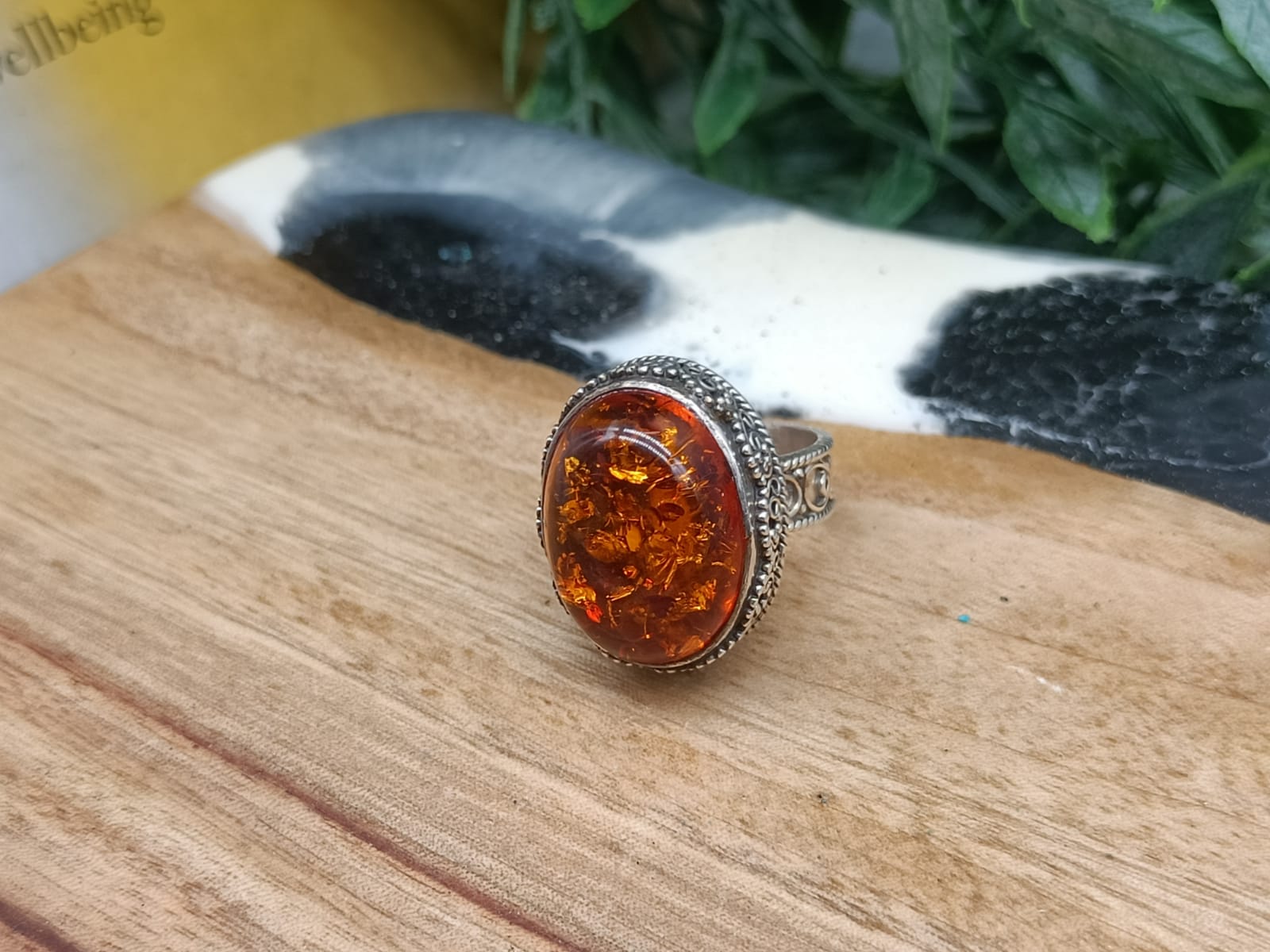 Amber (Artificial) 925 Sterling Silver Filigree Ring Size US 6 - AUS L Crystal Wellness