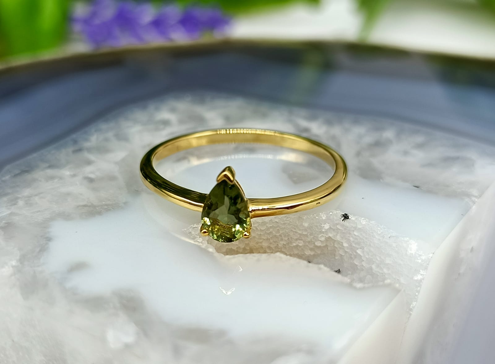 Authentic AAA Grade Teardrop Faceted Moldavite 18ct Gold Vermeil Ring
