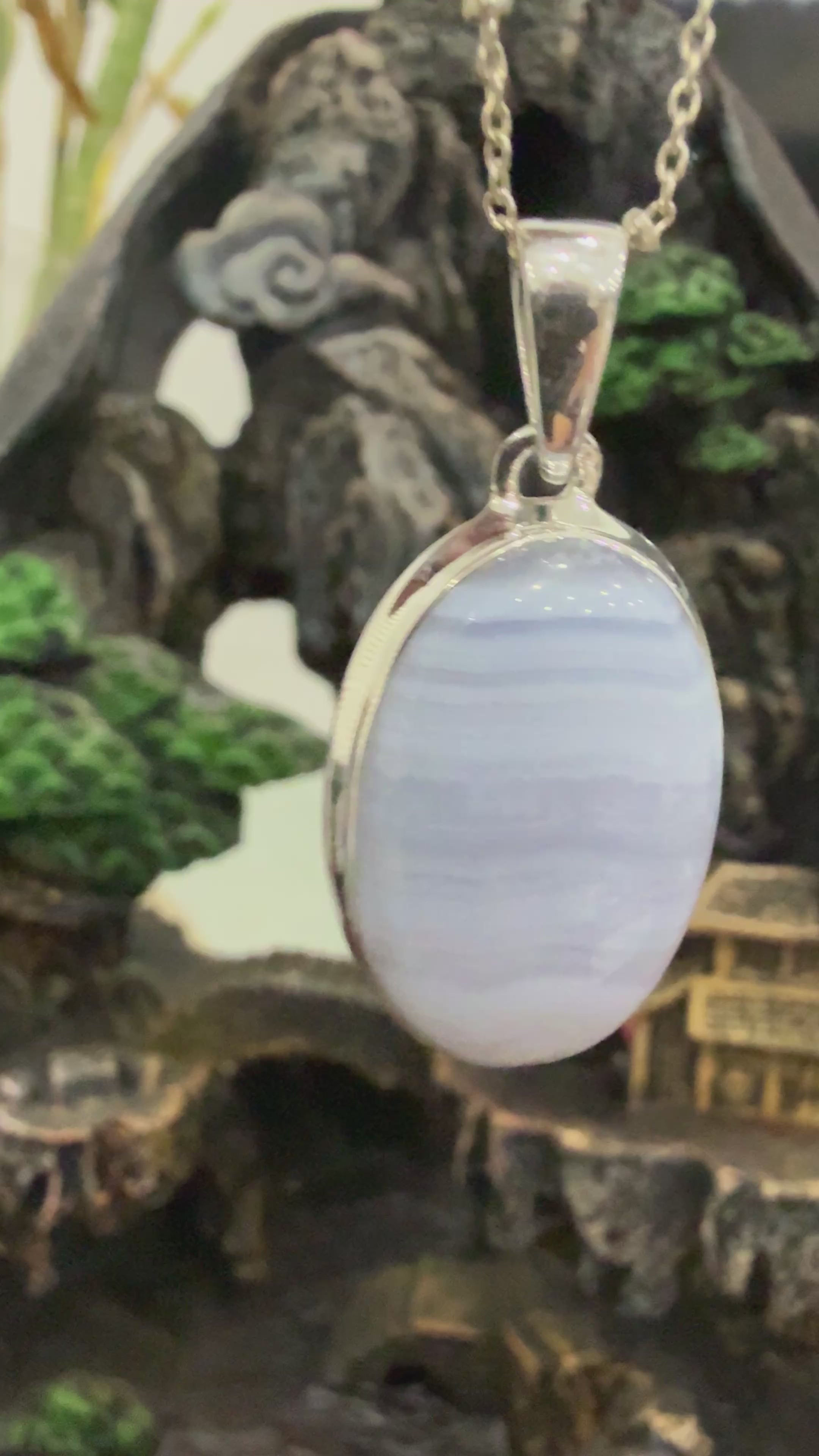 Blue Lace Agate Sterling Silver (92.5) Pendant Oval Shape– 27x19 mm