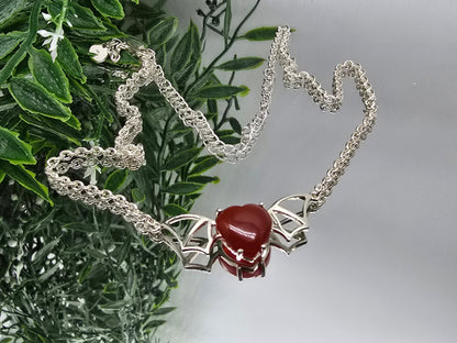 Carnelian Bat Heart Pendant with Chain (Stone of Vitality & Courage) Crystal Wellness