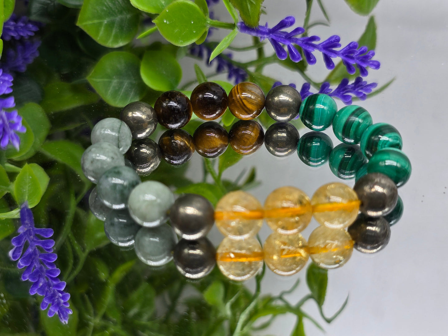 “Wealth & Power Alignment Bracelet – 10mm Imperial Jade, Malachite, Tiger’s Eye, Citrine & Pyrite” Crystal Wellness