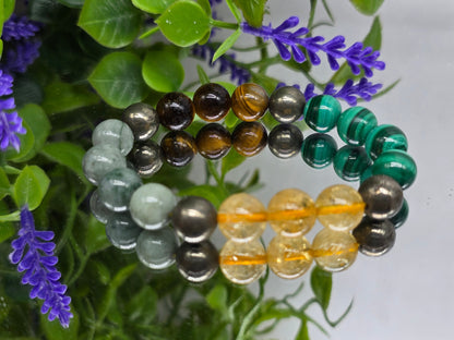 “Wealth & Power Alignment Bracelet – 10mm Imperial Jade, Malachite, Tiger’s Eye, Citrine & Pyrite” Crystal Wellness