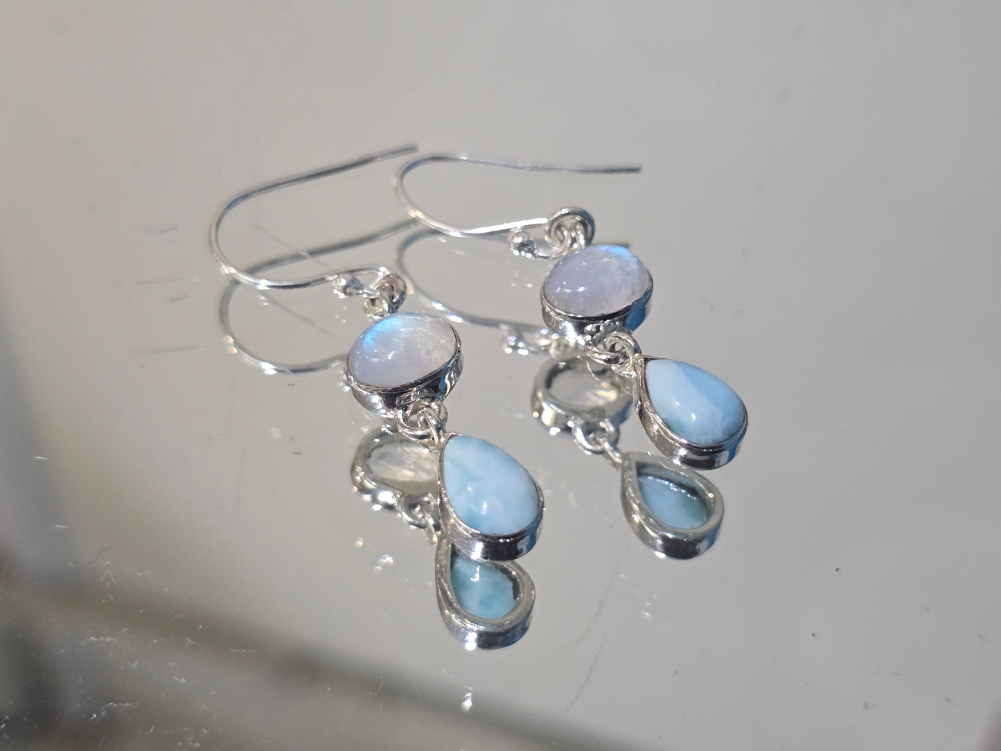 Larimar & Moonstone 925 Sterling Silver Earrings — Stone of Ocean Serenity & Intuitive Balance Crystal Wellness