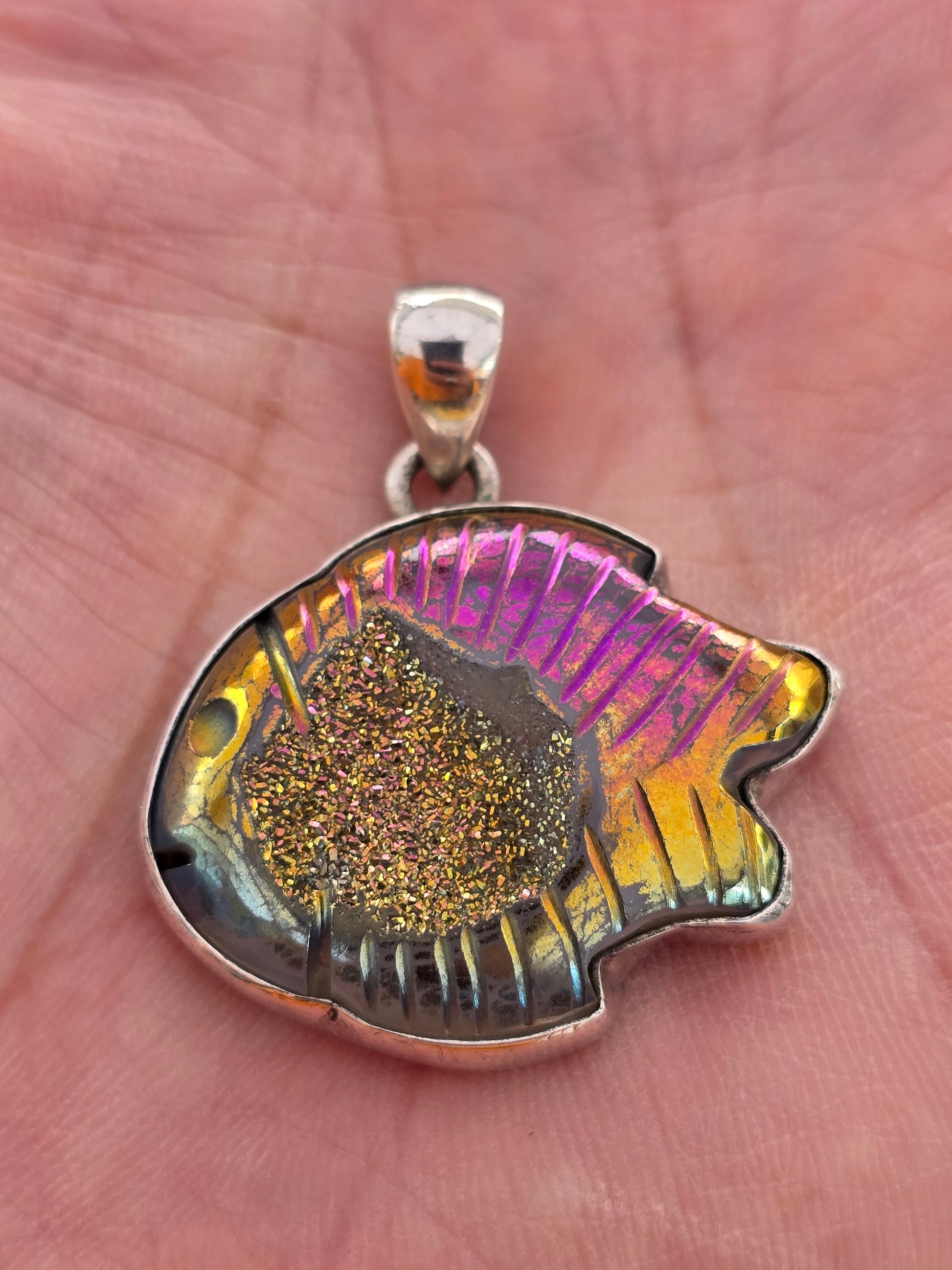 Titanium Aura Druzy Fish 92.5 Silver Pendant – Stone of Joy, Transformation & Positive Energy Crystal Wellness
