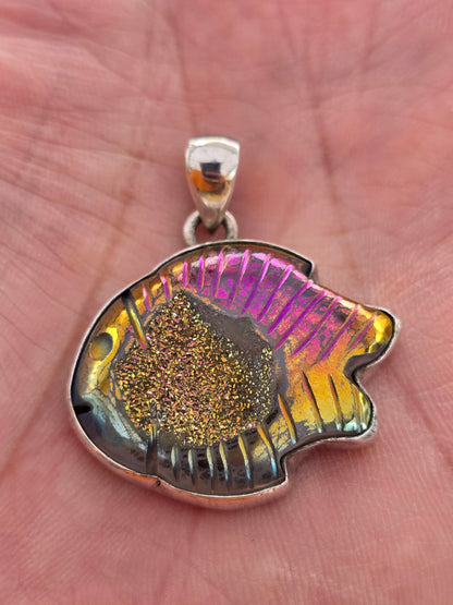 Titanium Aura Druzy Fish 92.5 Silver Pendant – Stone of Joy, Transformation & Positive Energy Crystal Wellness