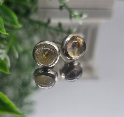 Golden Rutilated Quartz Round 9x9mm 925 Sterling Silver Studs (Stone of Manifestation) Crystal Wellness