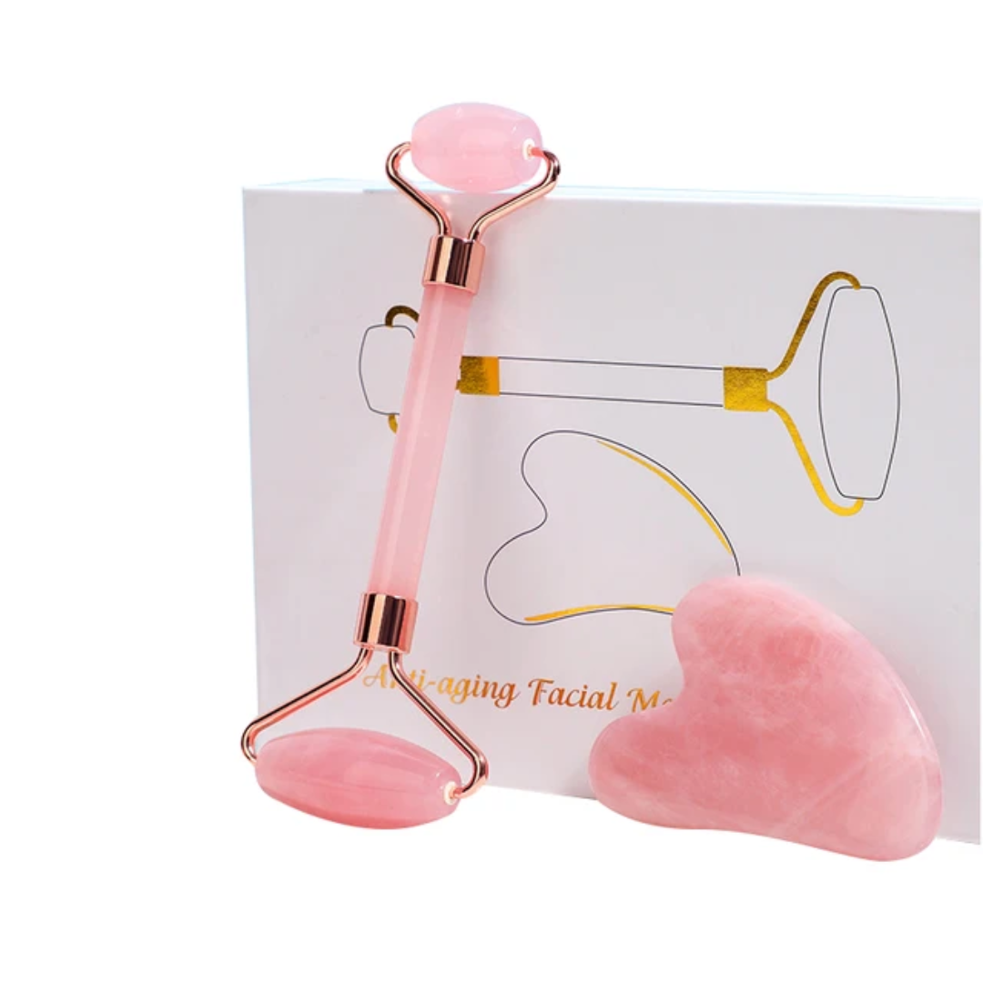 Rose Quartz Facial Roller and Gua Sha Set Crystal Wellness