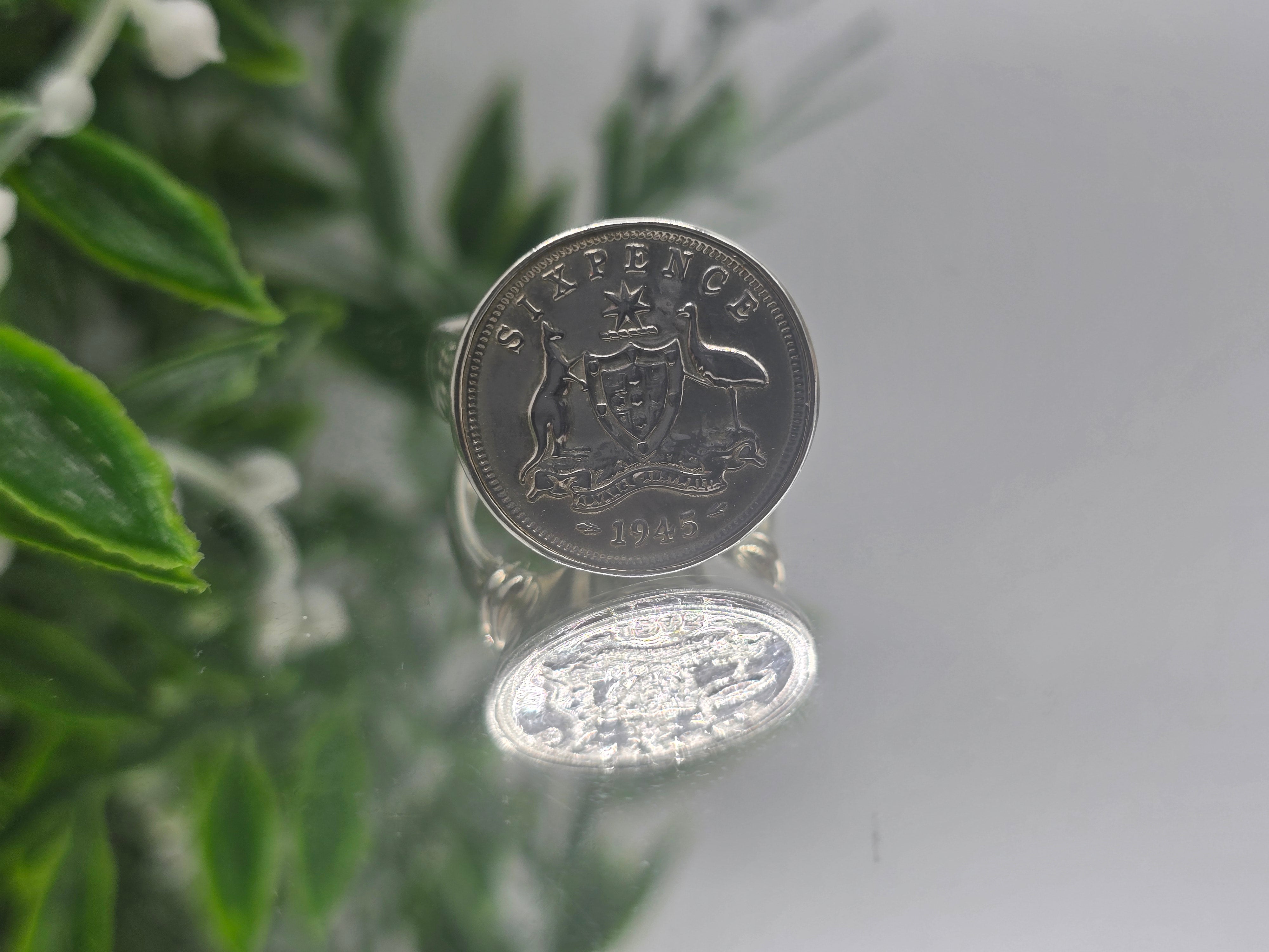 Australian Six Pence 1945 Silver Ring – Size 8.5 Crystal Wellness