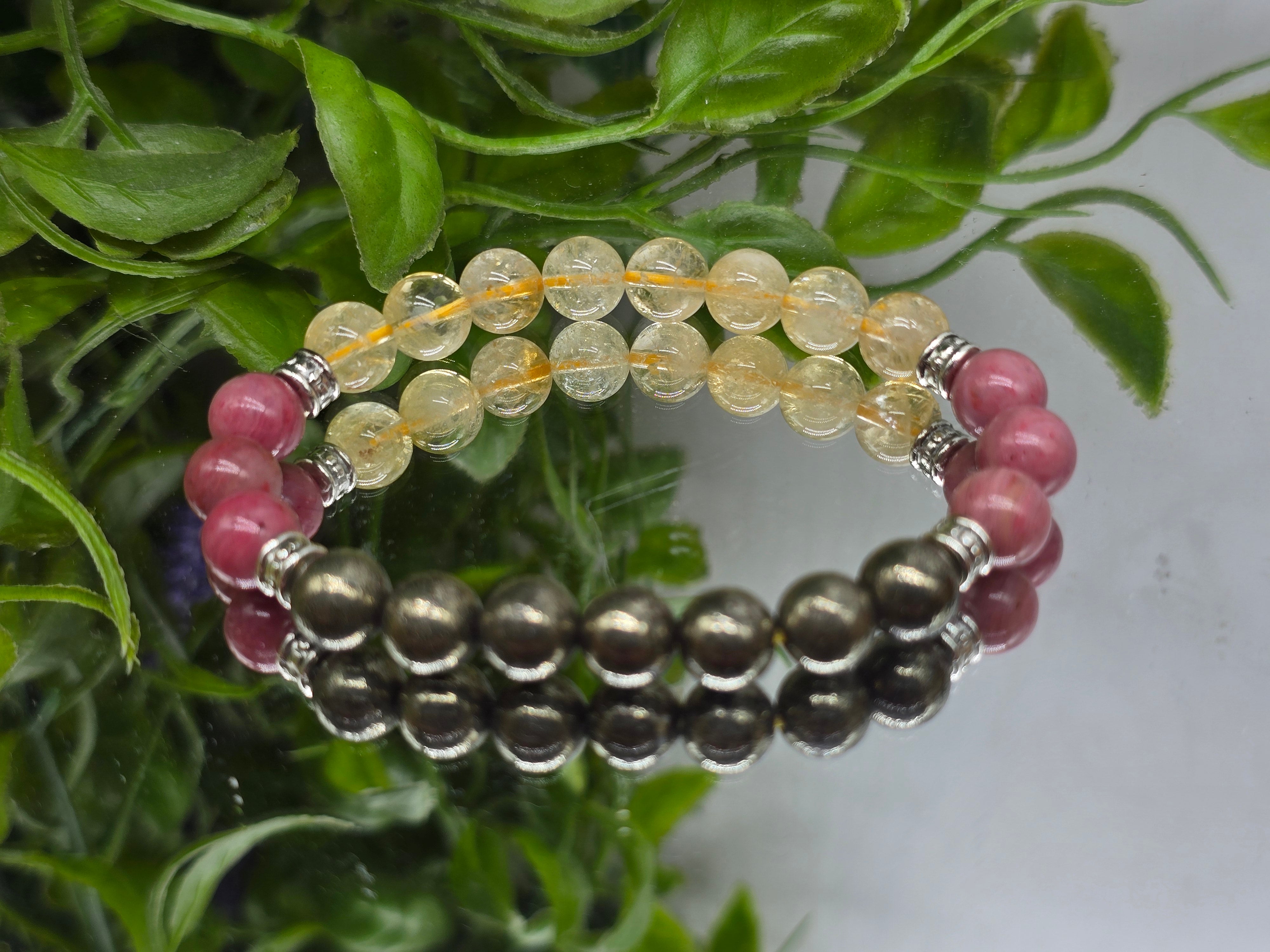 Pyrite, Rhodonite & Citrine 8mm Beads Bracelet (Stone of Confident Abundance & Emotional Strength) Crystal Wellness