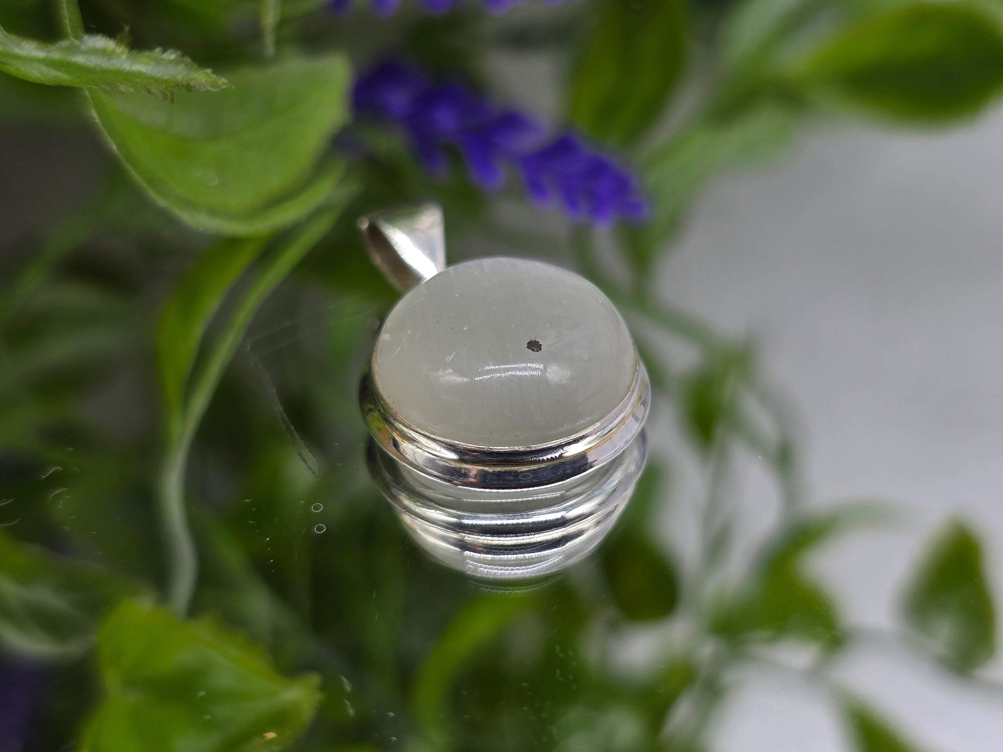 Selenite Round 925 Silver Pendant - Chain Included (Stone of Divine Light & Celestial Purification) Crystal Wellness