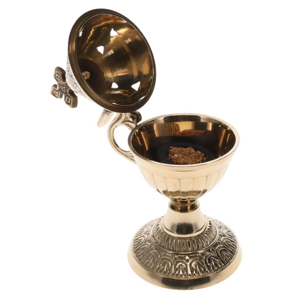Brass Engraved Incense Burner with Cross and Handle Crystal Wellness
