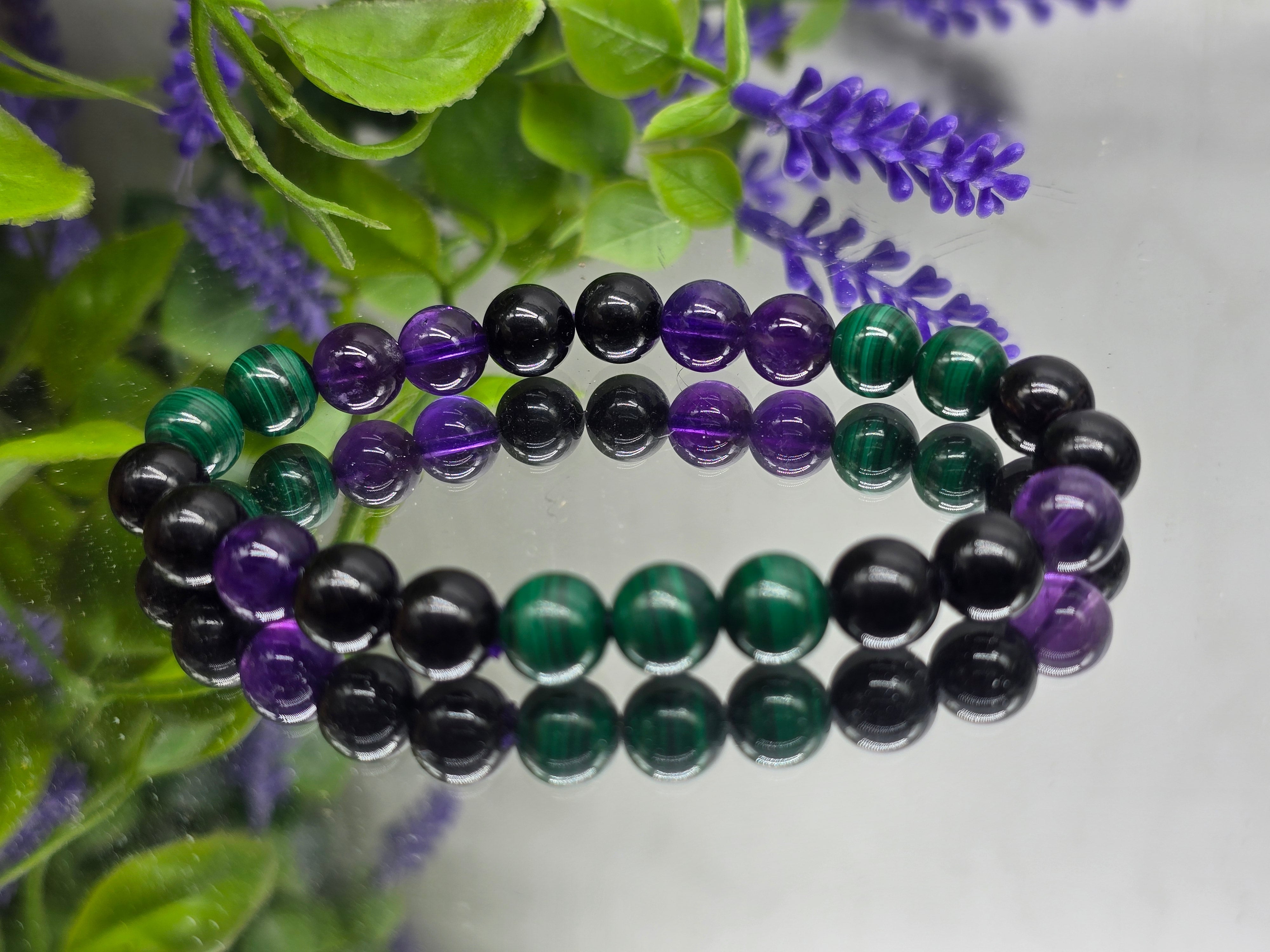 Amethyst, Malachite & Black Tourmaline Bracelet – AAA Grade 8mm (Stone of Protection, Transformation & Spiritual Clarity) Crystal Wellness