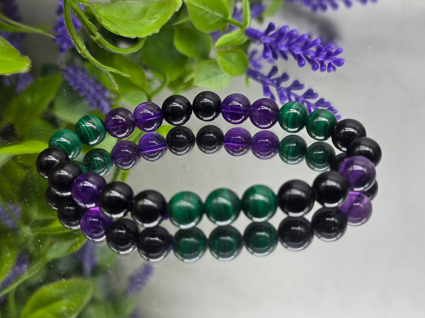 Amethyst, Malachite & Black Tourmaline Bracelet – AAA Grade 8mm (Stone of Protection, Transformation & Spiritual Clarity) Crystal Wellness