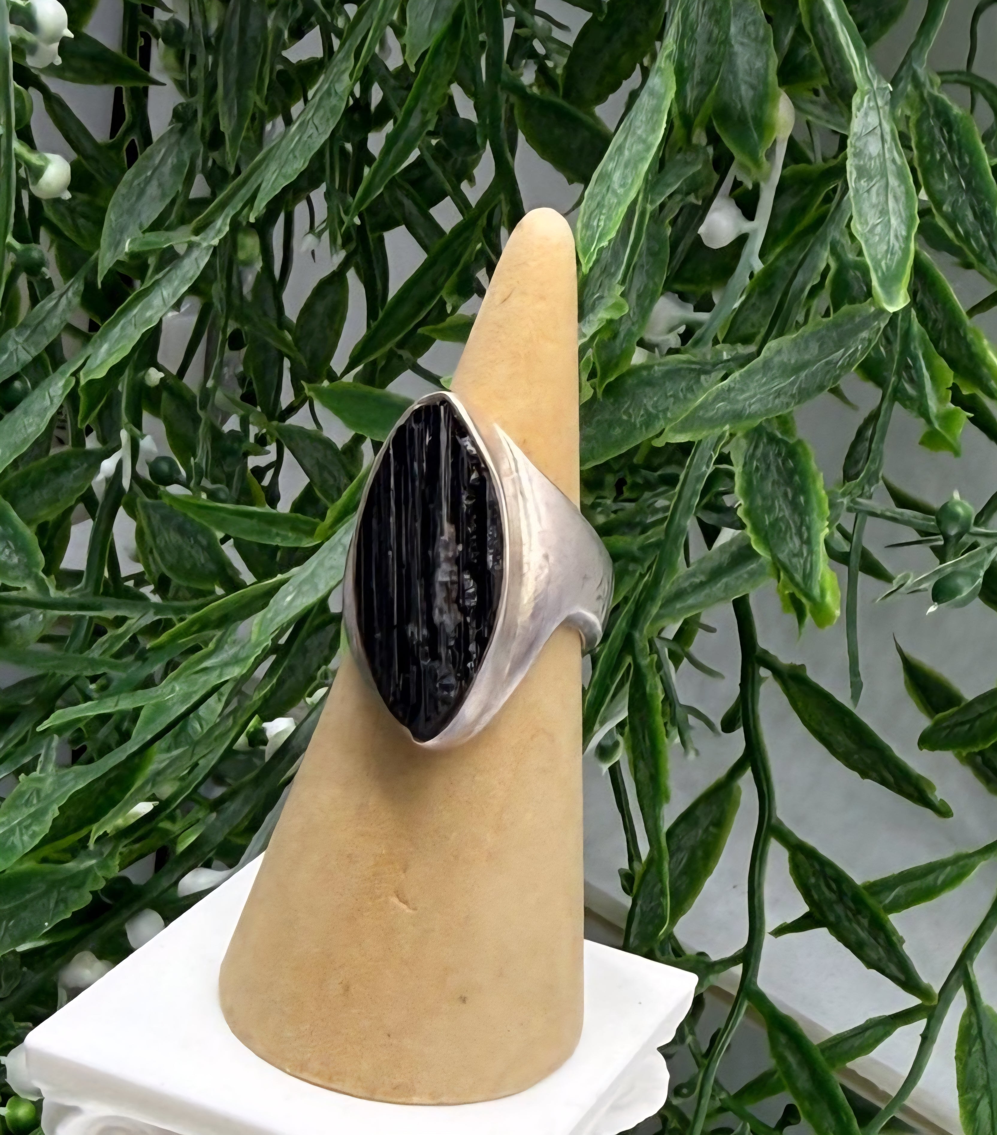 Black Tourmaline Raw Statement Ring (Stone of Protection & Grounding) – Solid 925 Sterling Silver – Size 6 Crystal Wellness