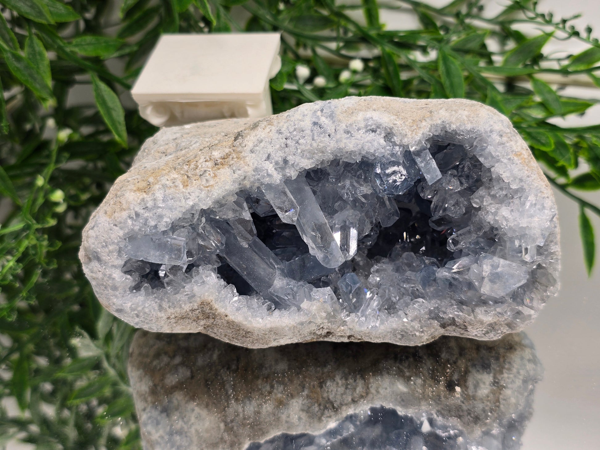 Celestial Harmony Celestite Geode – Natural Sky Blue Crystal Cave 1kg 14x7x7cm Crystal Wellness