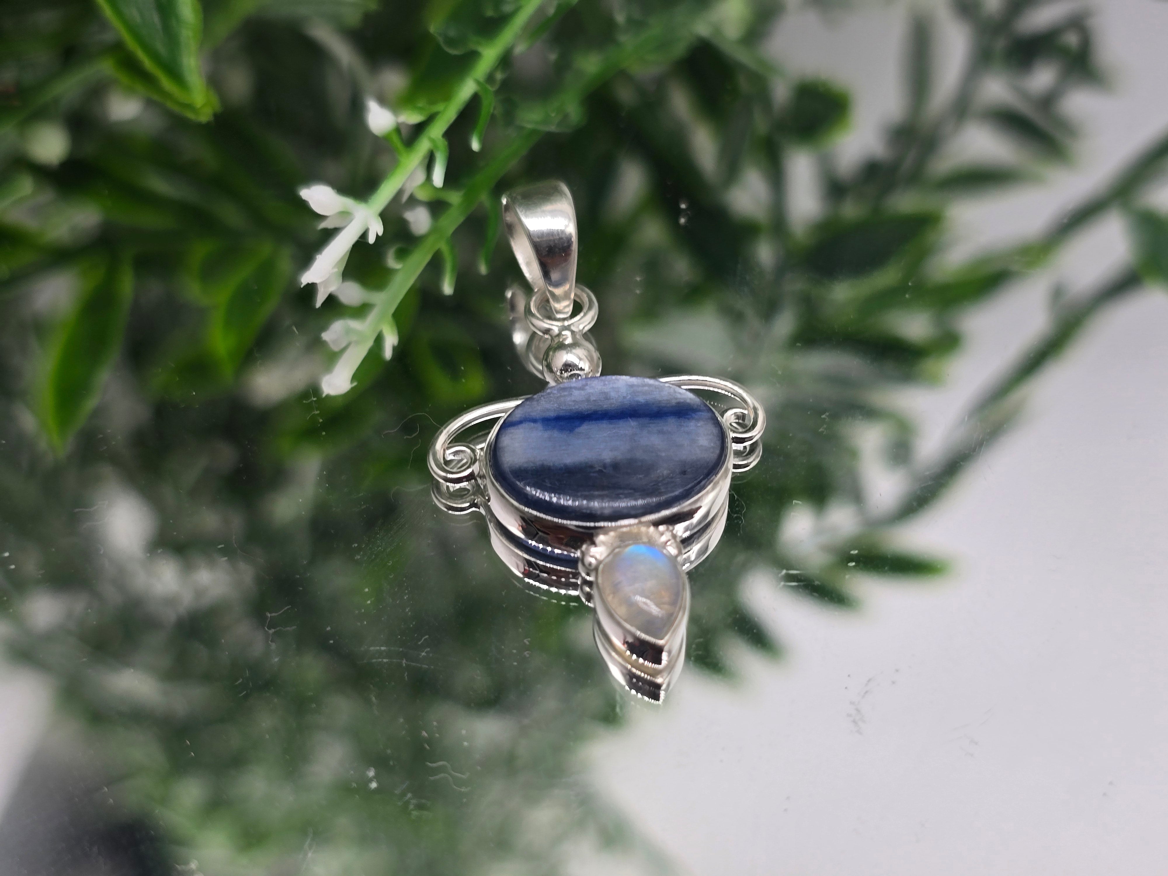 Blue Kyanite & Moonstone 925 Sterling Silver Pendant – Spiritual Alignment & Intuitive Awakening (Silver chain included) Crystal Wellness