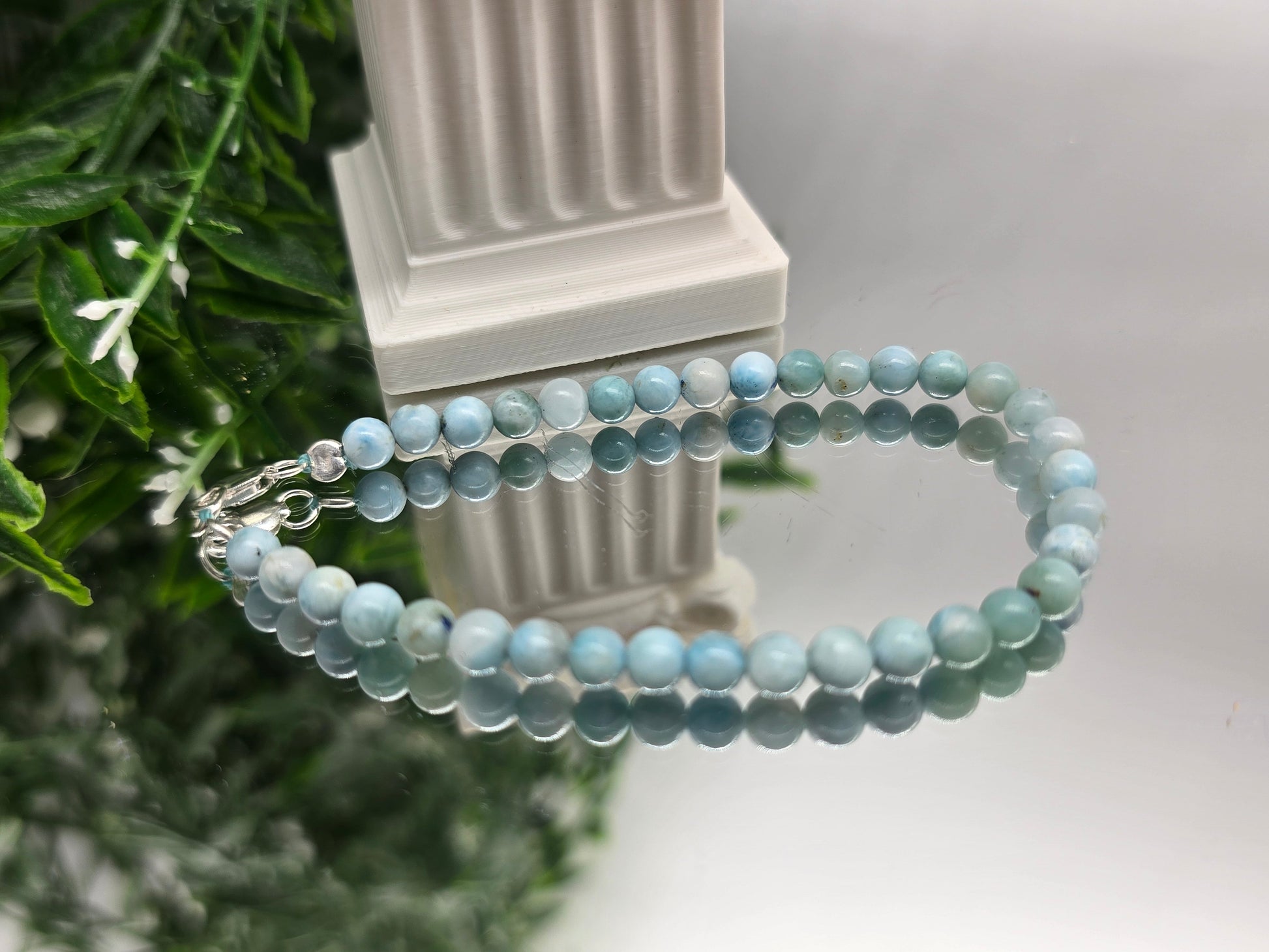 Larimar 4mm Beads 925 Sterling Silver Bracelet (Stone of Atlantis & Divine Serenity) Crystal Wellness