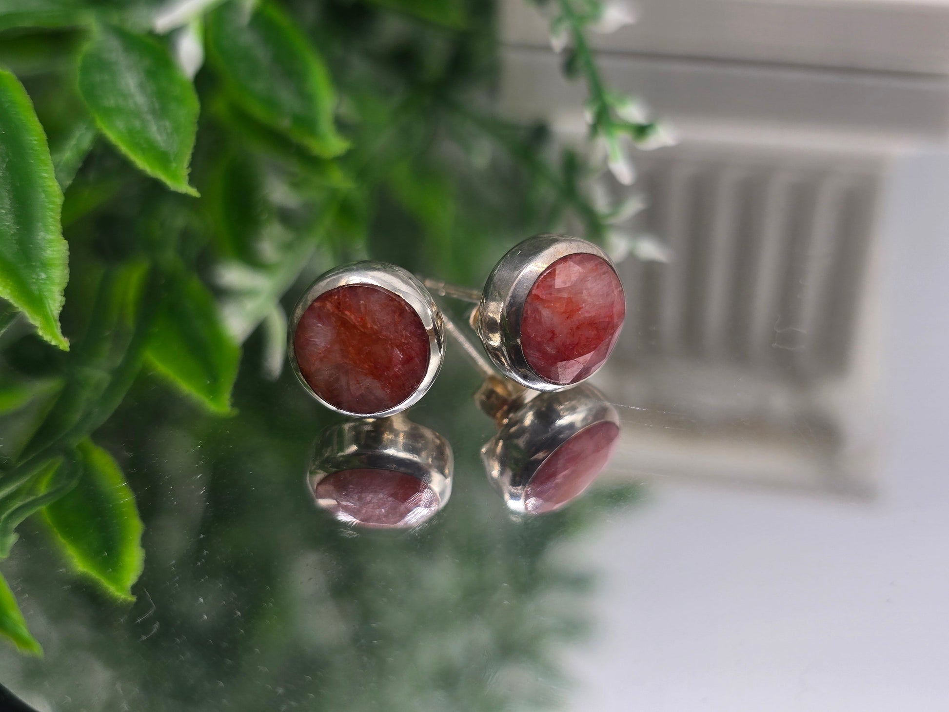 Strawberry Obsidian Round 9x9mm 925 Sterling Silver Studs (Stone of Heart-Centred Joy) Crystal Wellness