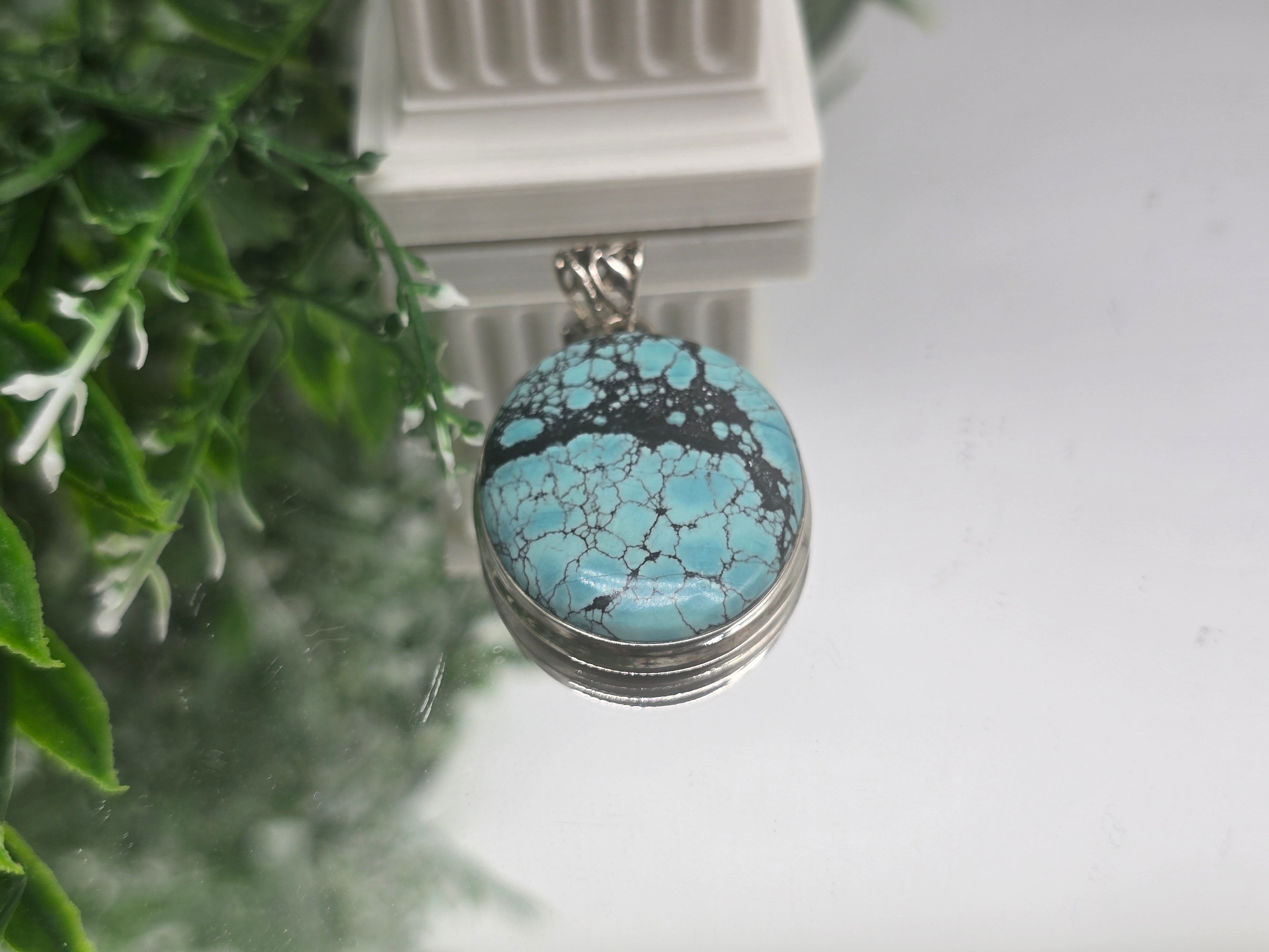 Genuine Sky-Thread Turquoise Pendant — Oval Spiderweb Matrix, 925 Sterling Silver Chain Included Crystal Wellness