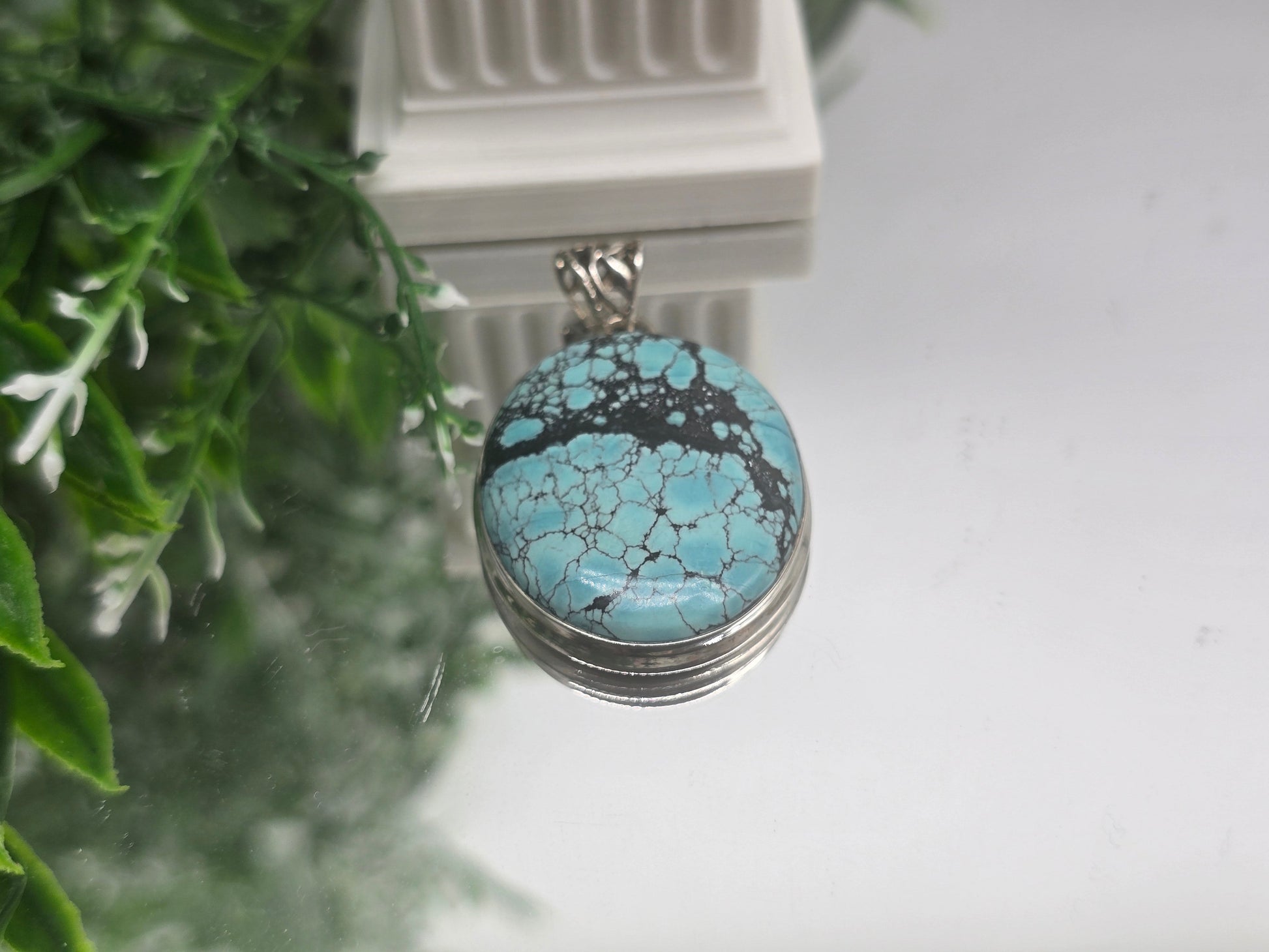 Genuine Sky-Thread Turquoise Pendant — Oval Spiderweb Matrix, 925 Sterling Silver Chain Included Crystal Wellness