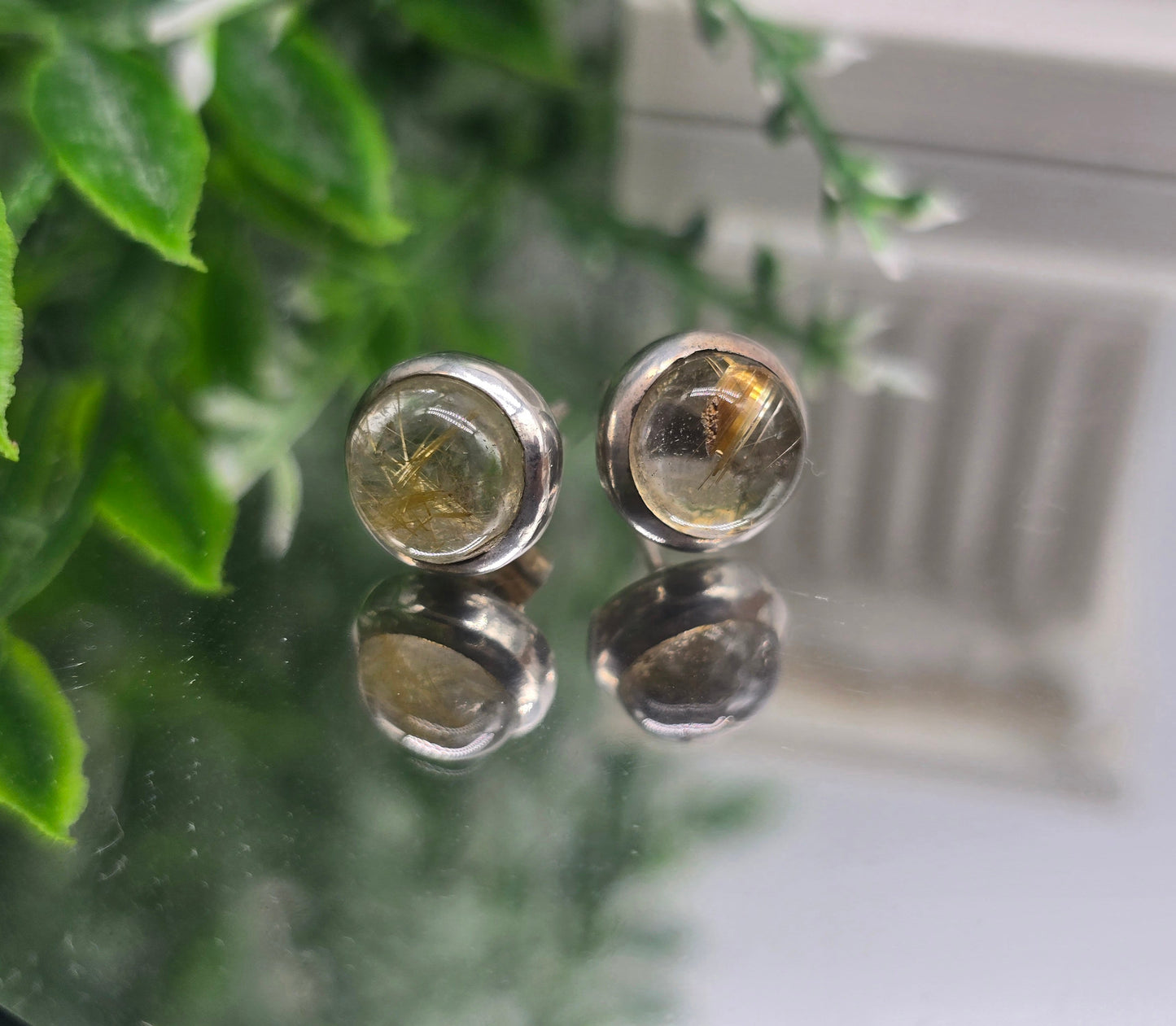 Golden Rutilated Quartz Round 9x9mm 925 Sterling Silver Studs (Stone of Manifestation) Crystal Wellness