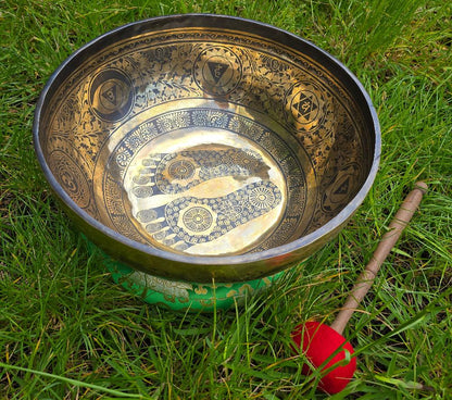 Extra Large Singing Bowl With Buddha Foot And Om Symbol Design Handcrafted With Thick Material And High Quality 40cm Crystal Wellness