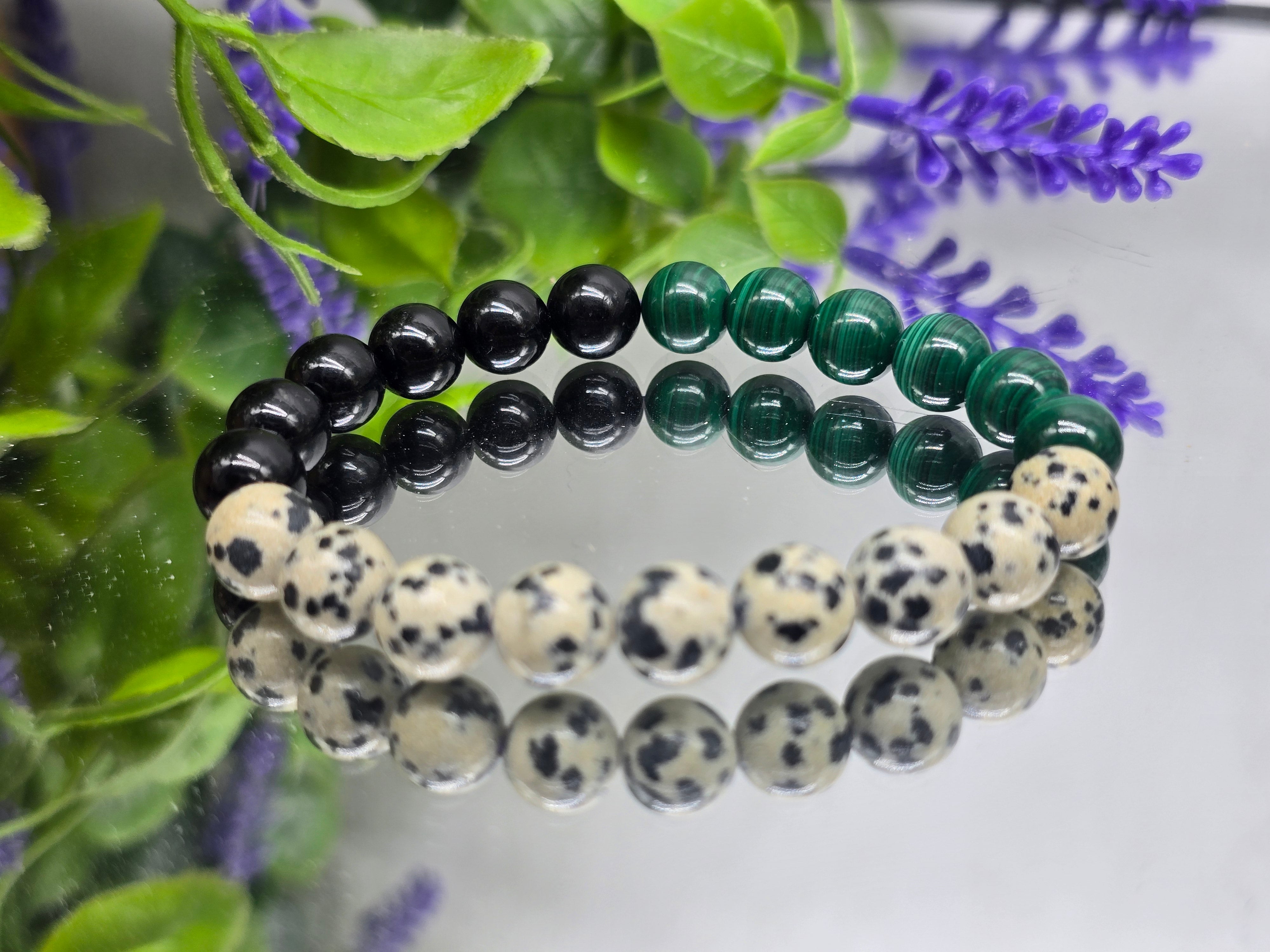 Black Tourmaline, Dalmation Jasper & Malachite Bracelet 8mm (Stone of Protection, Grounded Joy & Transformation) Crystal Wellness