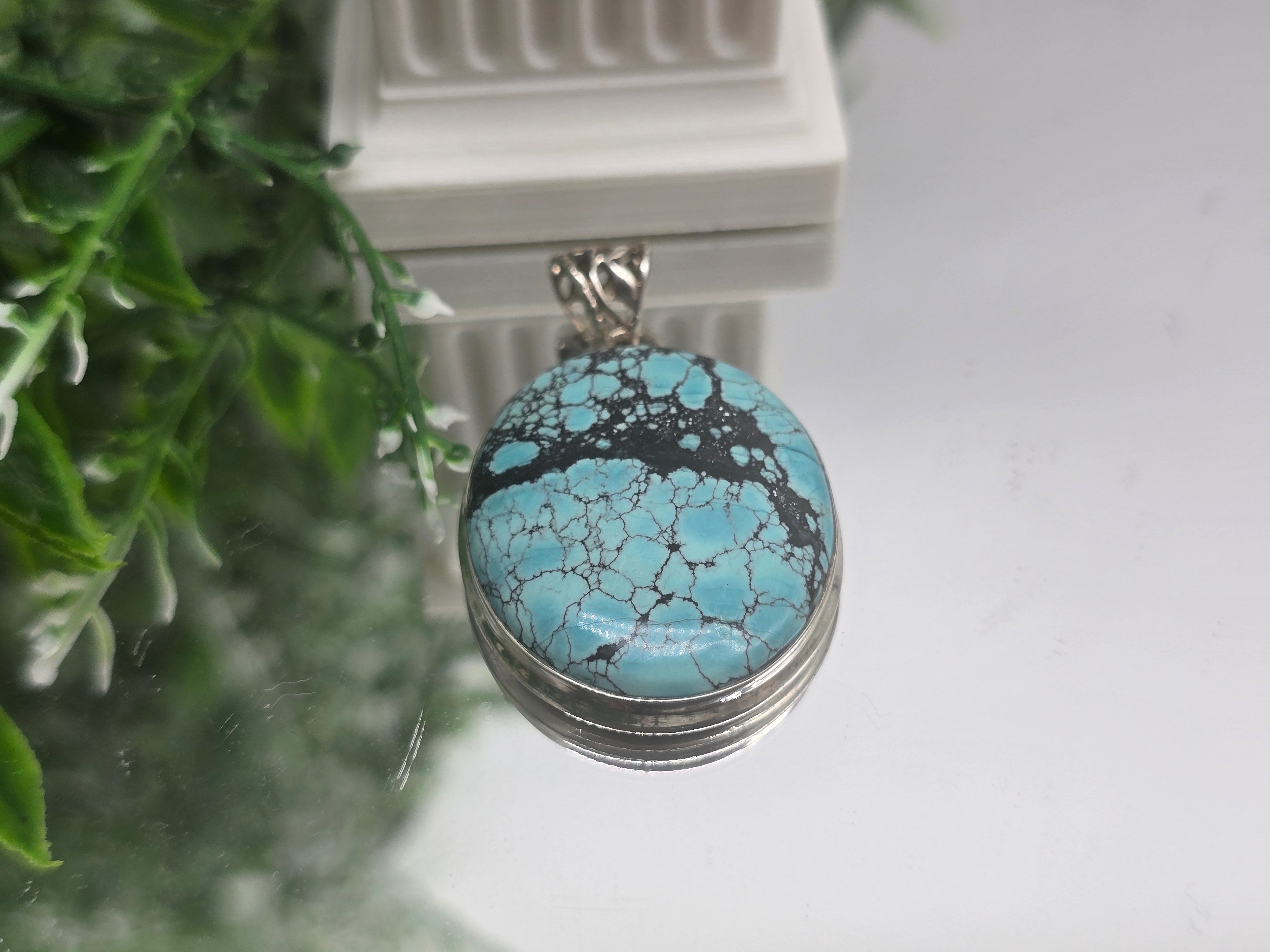 Genuine Sky-Thread Turquoise Pendant — Oval Spiderweb Matrix, 925 Sterling Silver Chain Included Crystal Wellness
