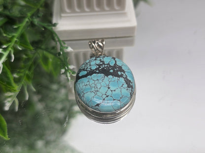 Genuine Sky-Thread Turquoise Pendant — Oval Spiderweb Matrix, 925 Sterling Silver Chain Included Crystal Wellness