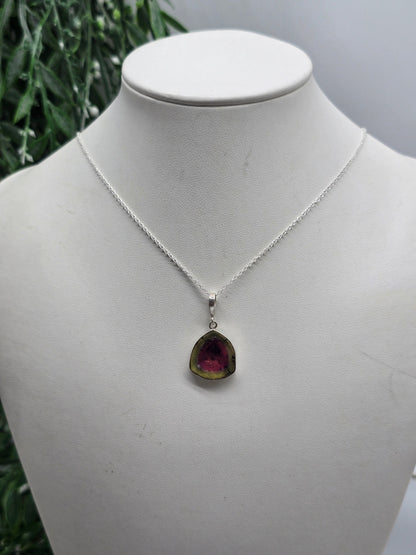 Watermelon Tourmaline 925 Silver Pendant - Chain Included (Stone of Heart Harmony) Crystal Wellness