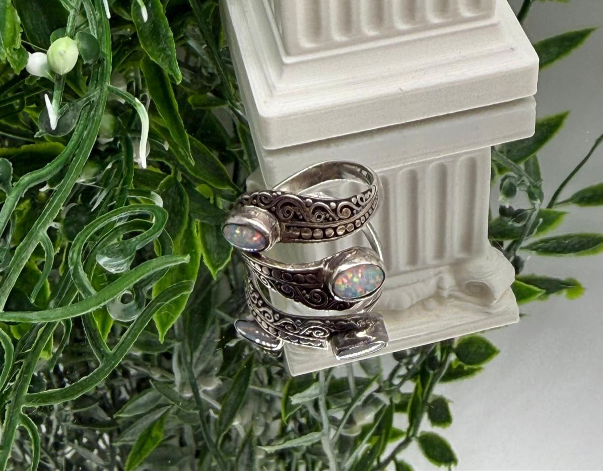 Australian Opal Fire Duo Ring – 925 Sterling Silver (Adjustable) Crystal Wellness