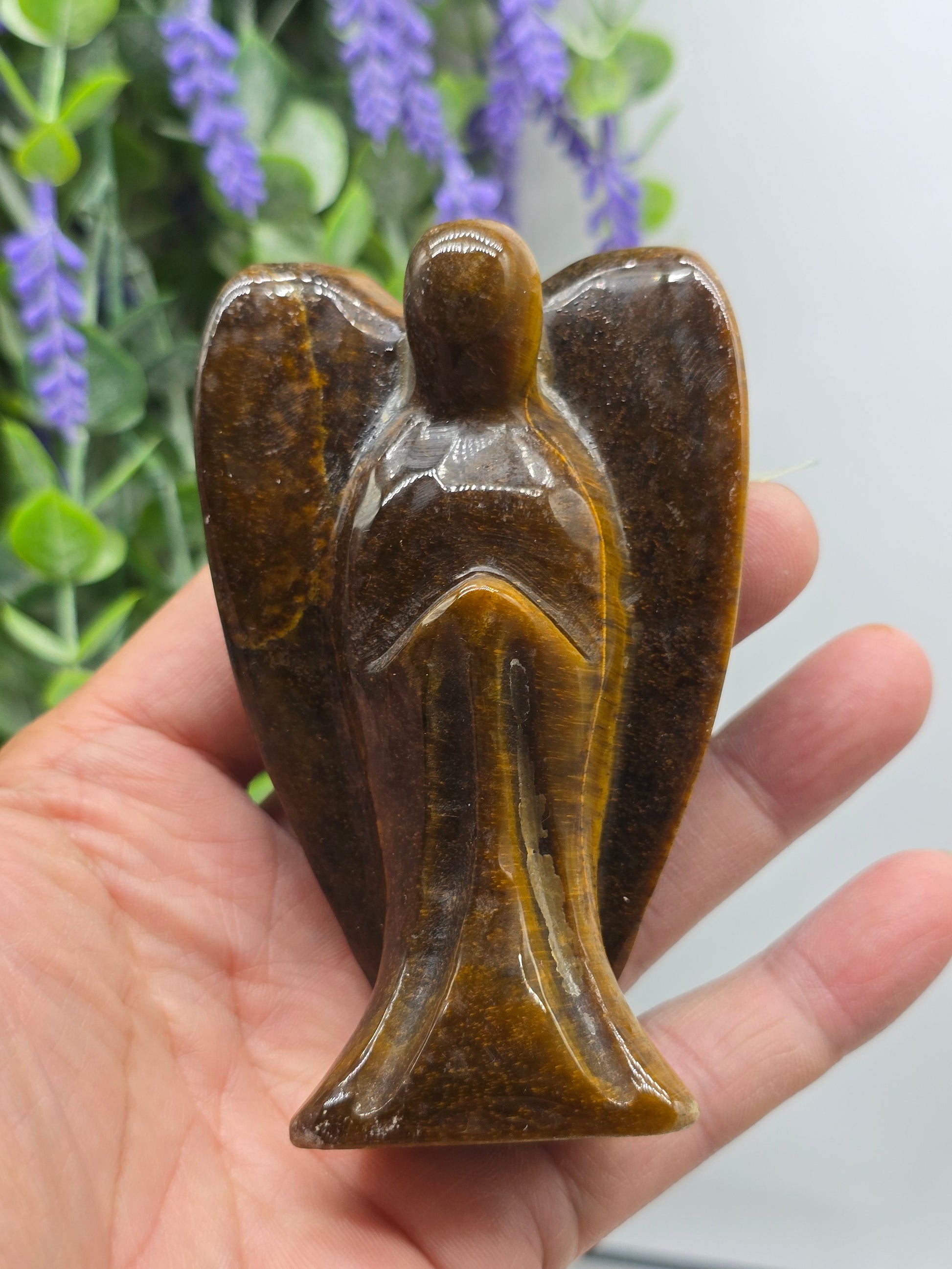 Luxury Gold Tiger's Eye Angel Carving – Guardian of Courage, Protection & Prosperity Crystal Wellness