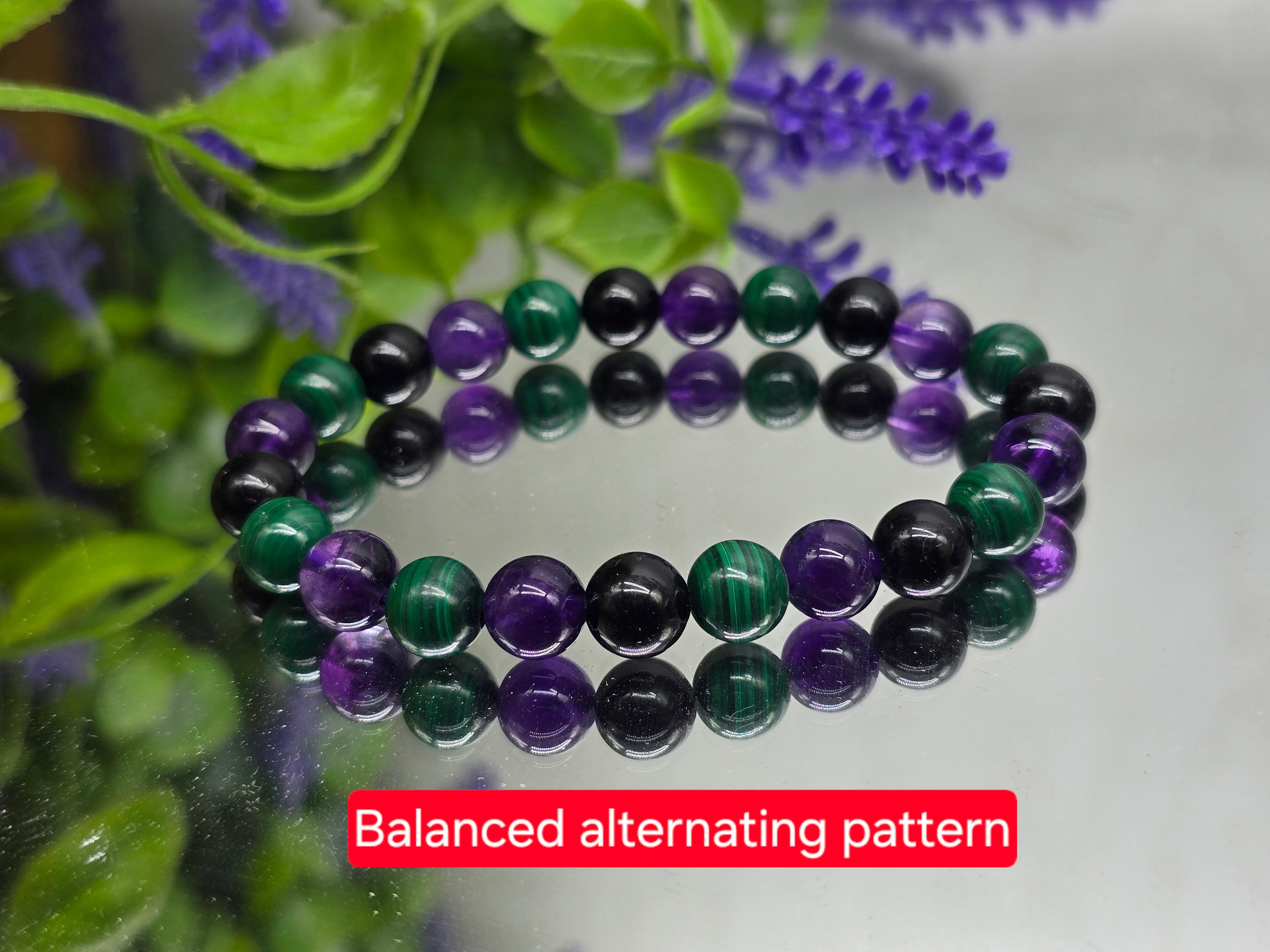 Amethyst, Malachite & Black Tourmaline Bracelet – AAA Grade 8mm (Stone of Protection, Transformation & Spiritual Clarity) Crystal Wellness
